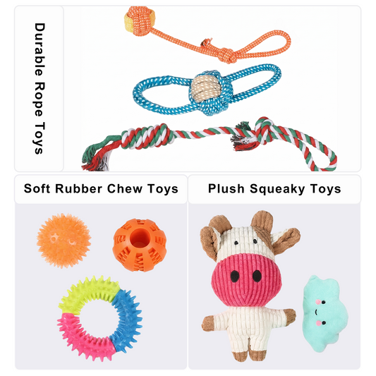 8Pcs Puppy Chew Toys for Teething, OEIKPFN Plush and Squeaky Toys with Rope Toys, Pet Toothbrush, and Treat Balls