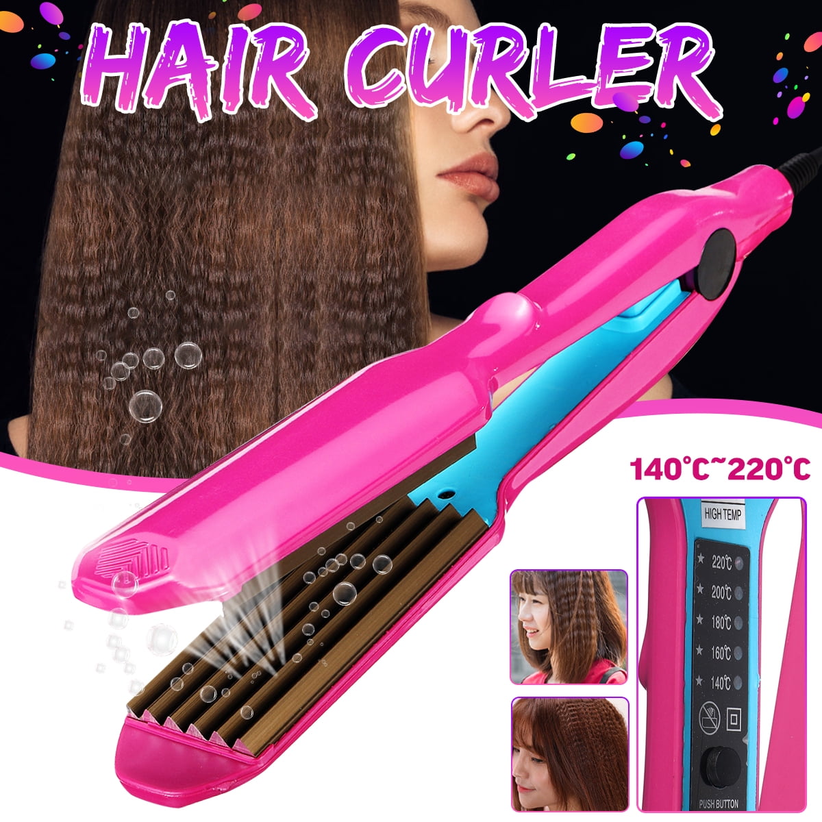 Hair Crimper, OEIKPFN Professional Crimping Iron and Waver Ceramic Curling Iron, Rose Red