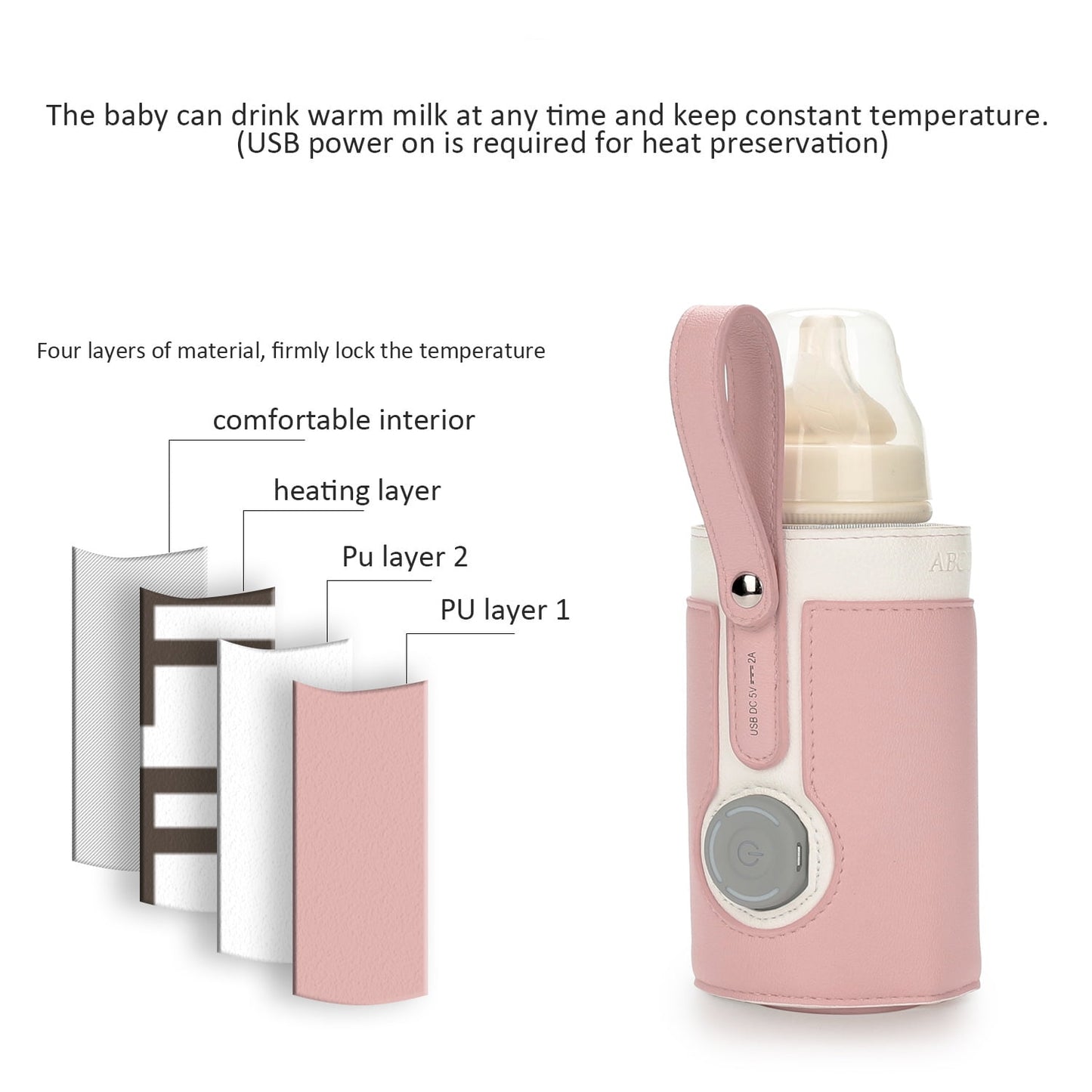 Yadala Portable Bottle Warmer, Intelligent Bottle Warmer, Fast Charge, 3-Speed Temperature Regulation, Pink