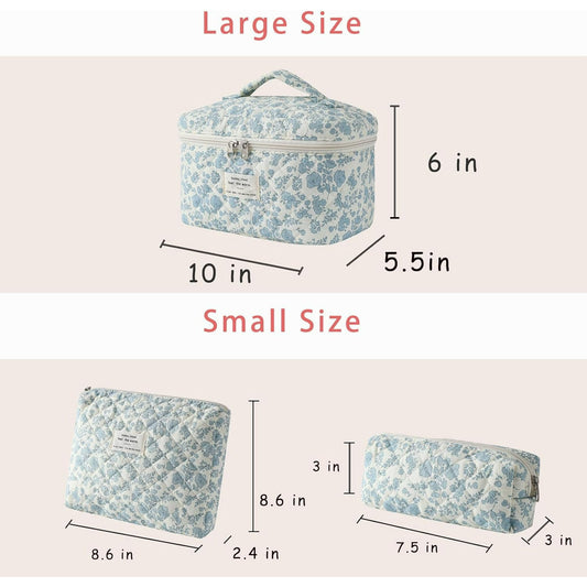 3PCS Large Travel Quilted Makeup Bag for Women, Floral Cotton Cosmetic Bag, Coquette Aesthetic Floral Toiletry Organizer Bag