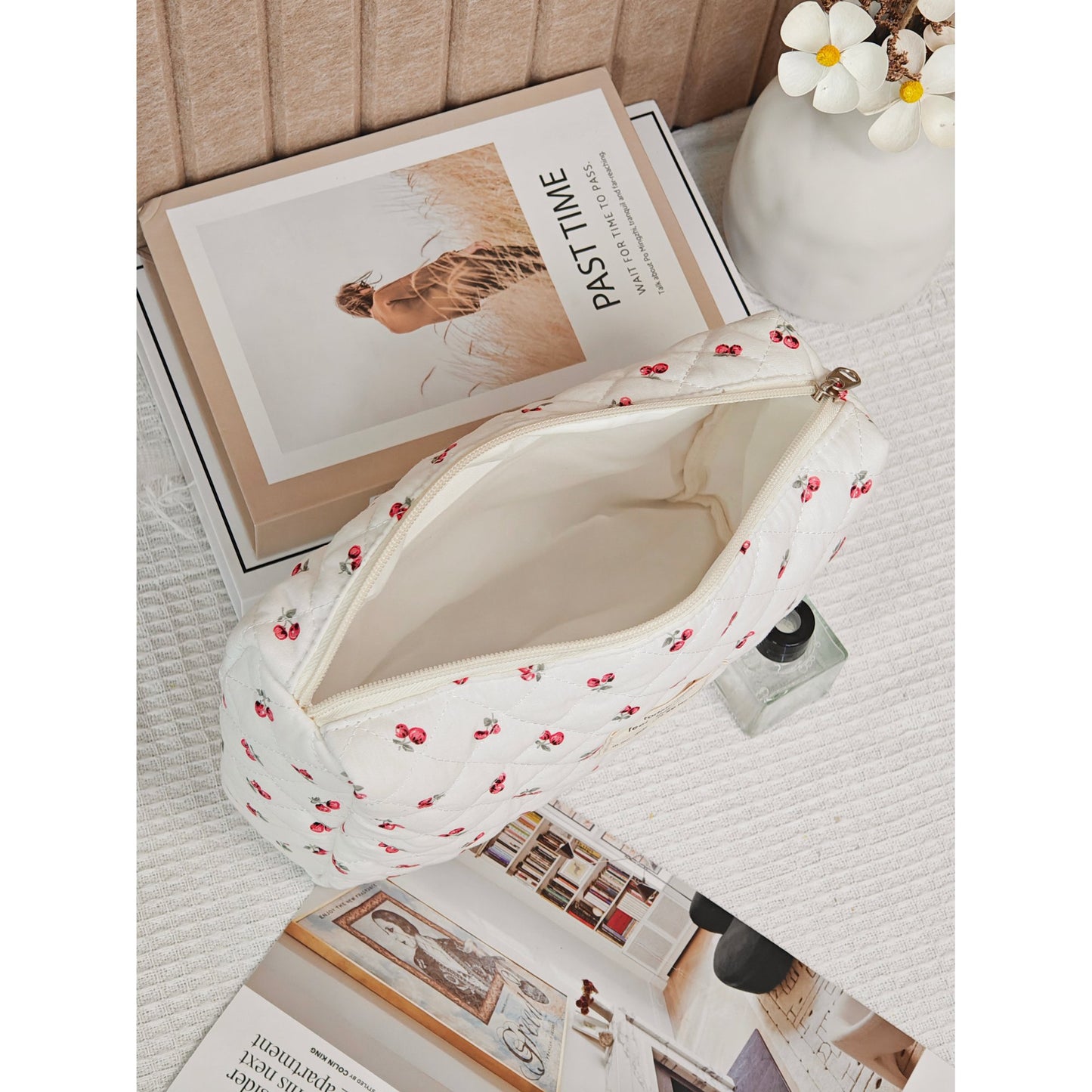 3PCS Large Travel Quilted Makeup Bag for Women, Floral Cotton Cosmetic Bag, Coquette Aesthetic Floral Toiletry Organizer Bag, cherries