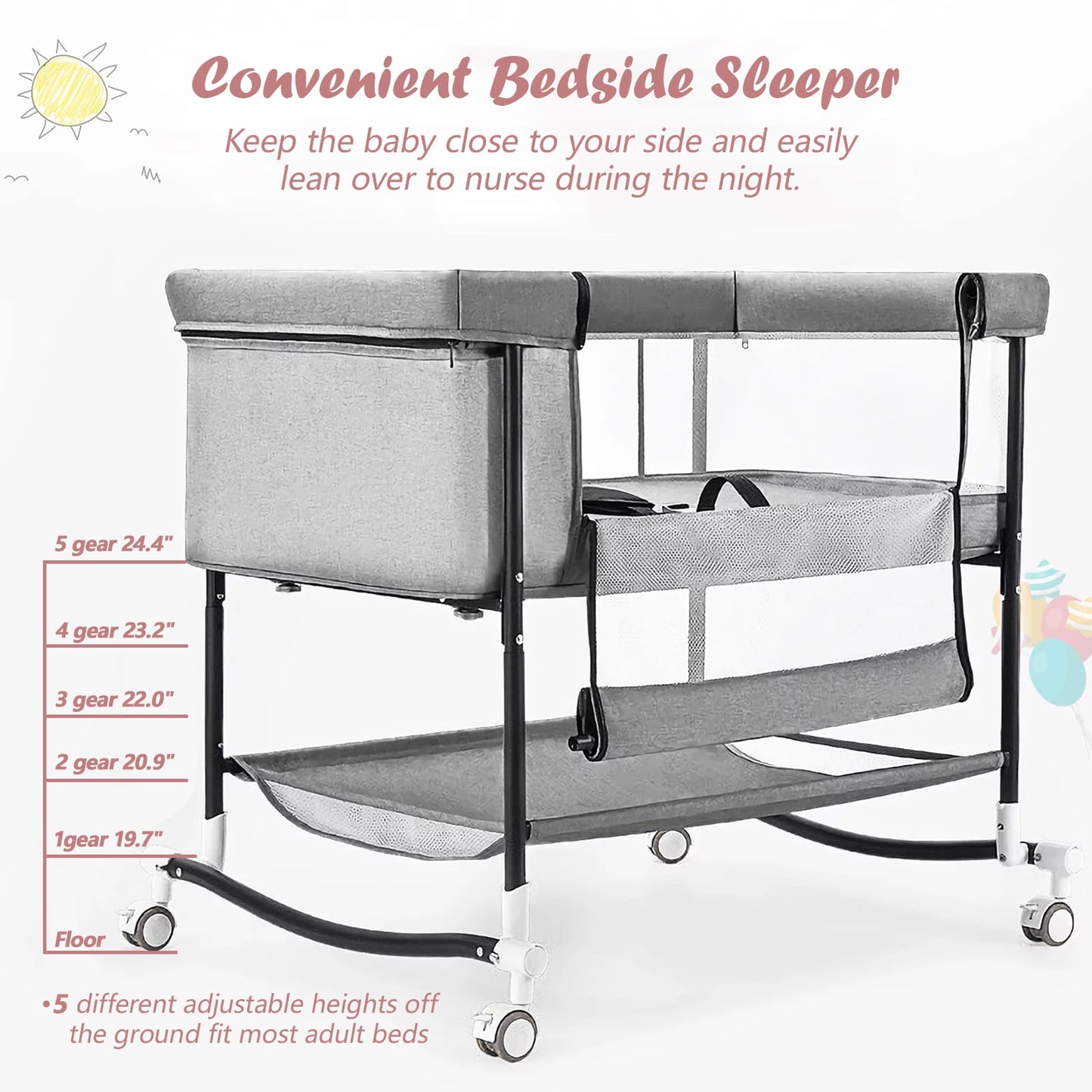 Yadala Bassinet, 4 in 1 Portable Rocking Bedside Bassinet for Baby Newborn with Mattress & Diaper Pad, Grey