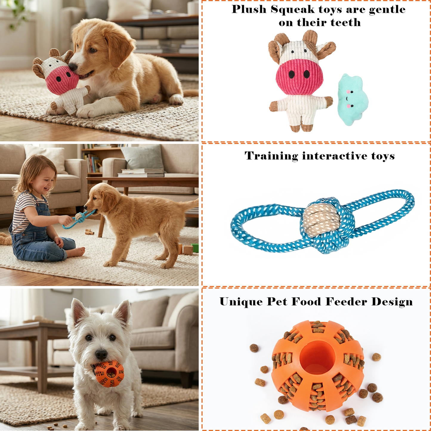 8Pcs Puppy Dog Chew Toys for Teething, Plush and Squeaky Toys with Rope, Treat Balls for Small Medium Dogs