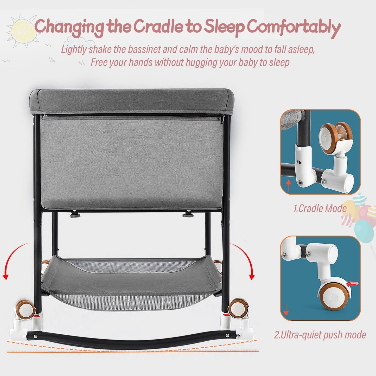 Bedside Bassinet, 4 in 1 Portable Rocking Bassinet for Baby Newborn with Mattress & Diaper Pad, Grey