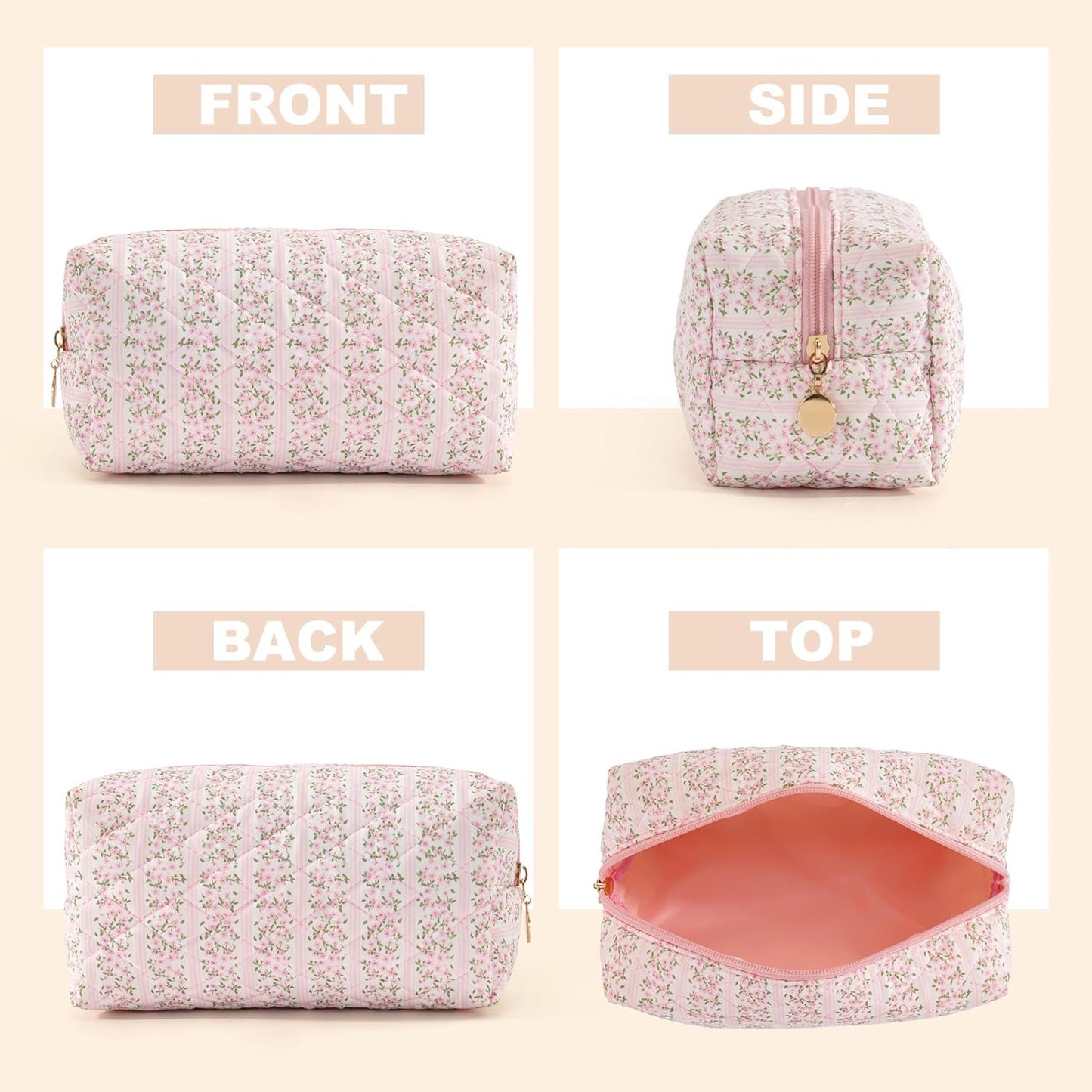 Makeup Bag Travel Cosmetic Bag for Women Girls, Zipper Make Up Pouch, Floral Flowers Toiletry Organizer Makeup, Portable Storage Cosmetic Travel Cloth Bag (Pink)