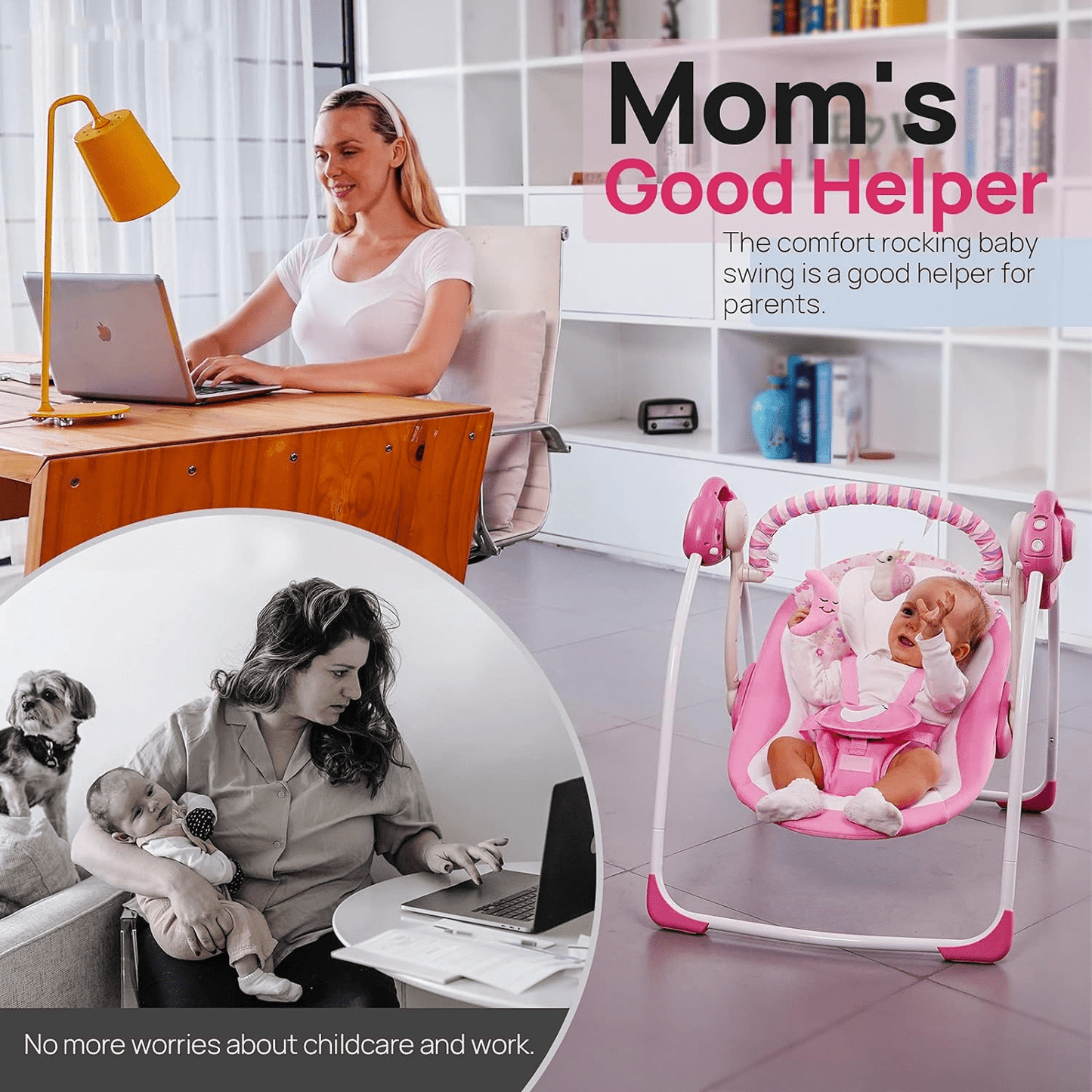 OEIKPFN Baby Swing, Foldable Baby Swing for Infants with Adaptable Speeds, Music, 0-9 Months, Pink