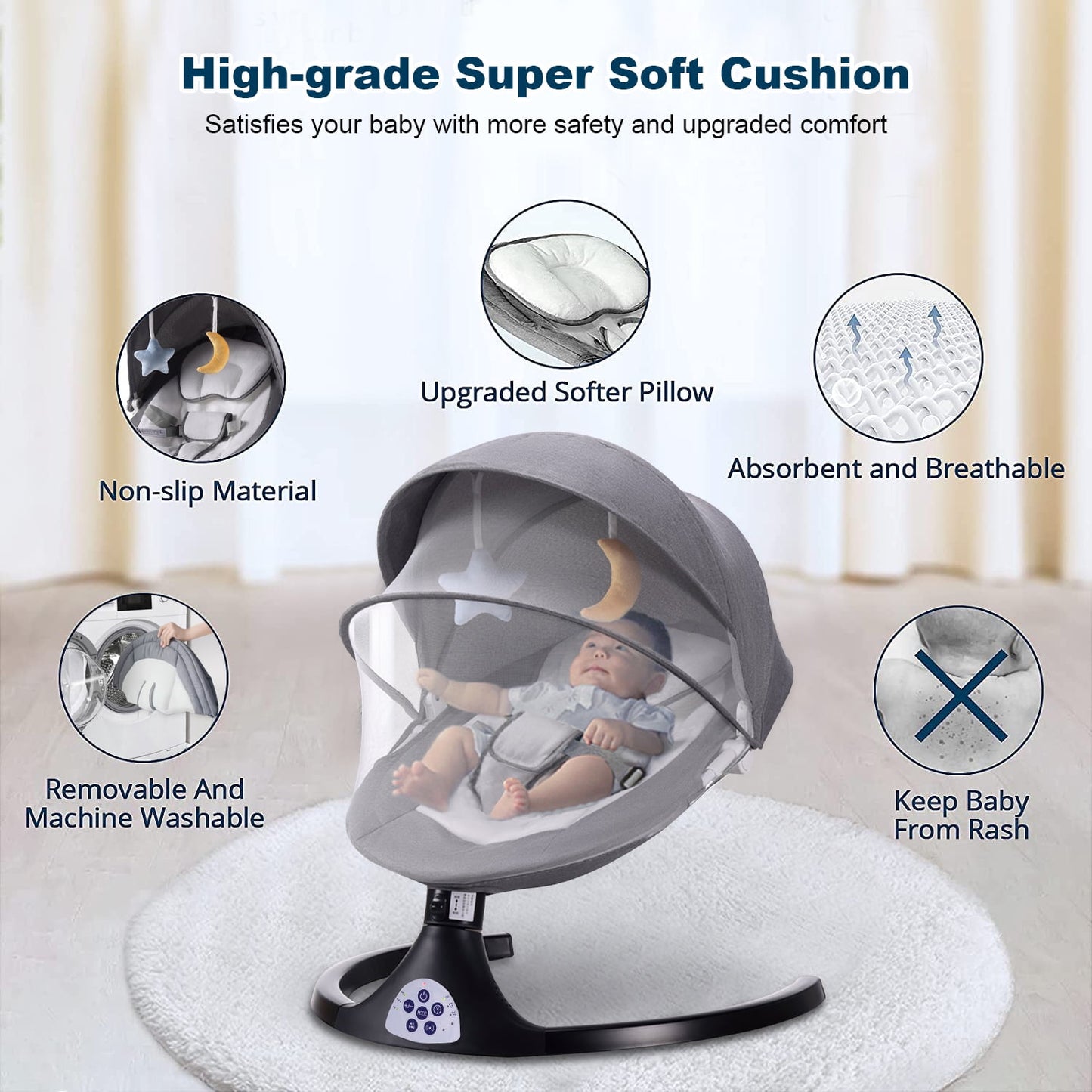 Baby Swing for Infants, Electric Portable Swing with 5 Speed, Bluetooth Rocker with Remote Control, Adjustable Seat, Gray