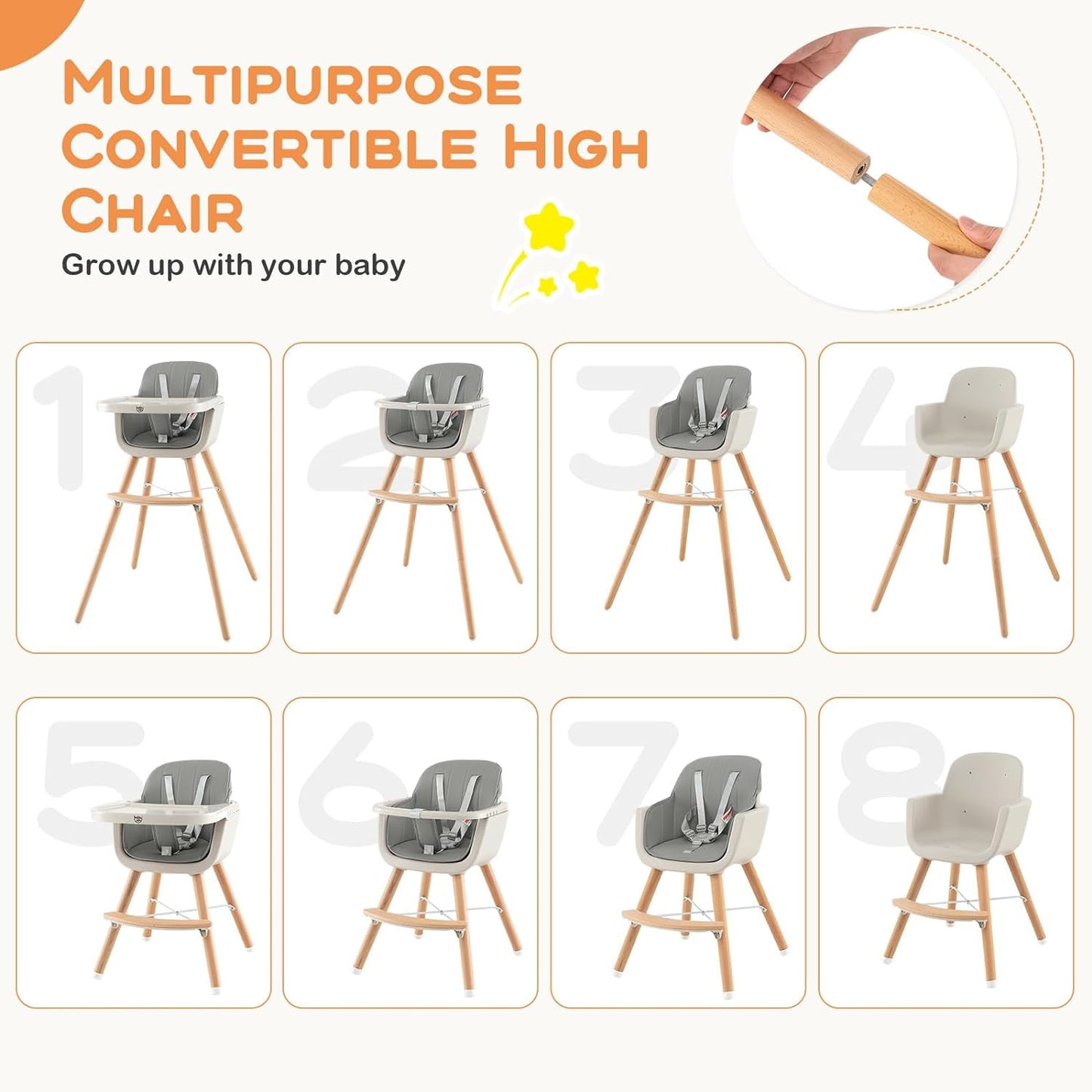 High Chair, 3-in-1 Convertible Wooden High Chair with Adjustable Legs & Removable Tray, Gray