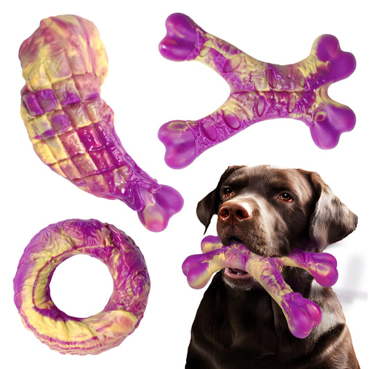 Dog Toys for Aggressive Chewers - 3 Pack Bacon Flavored Indestructible Dog Toy, Big Tough Chew Bone for Medium Large Breed 25-80lbs to Keep Them Busy, Happy Dog Gift (Purple)