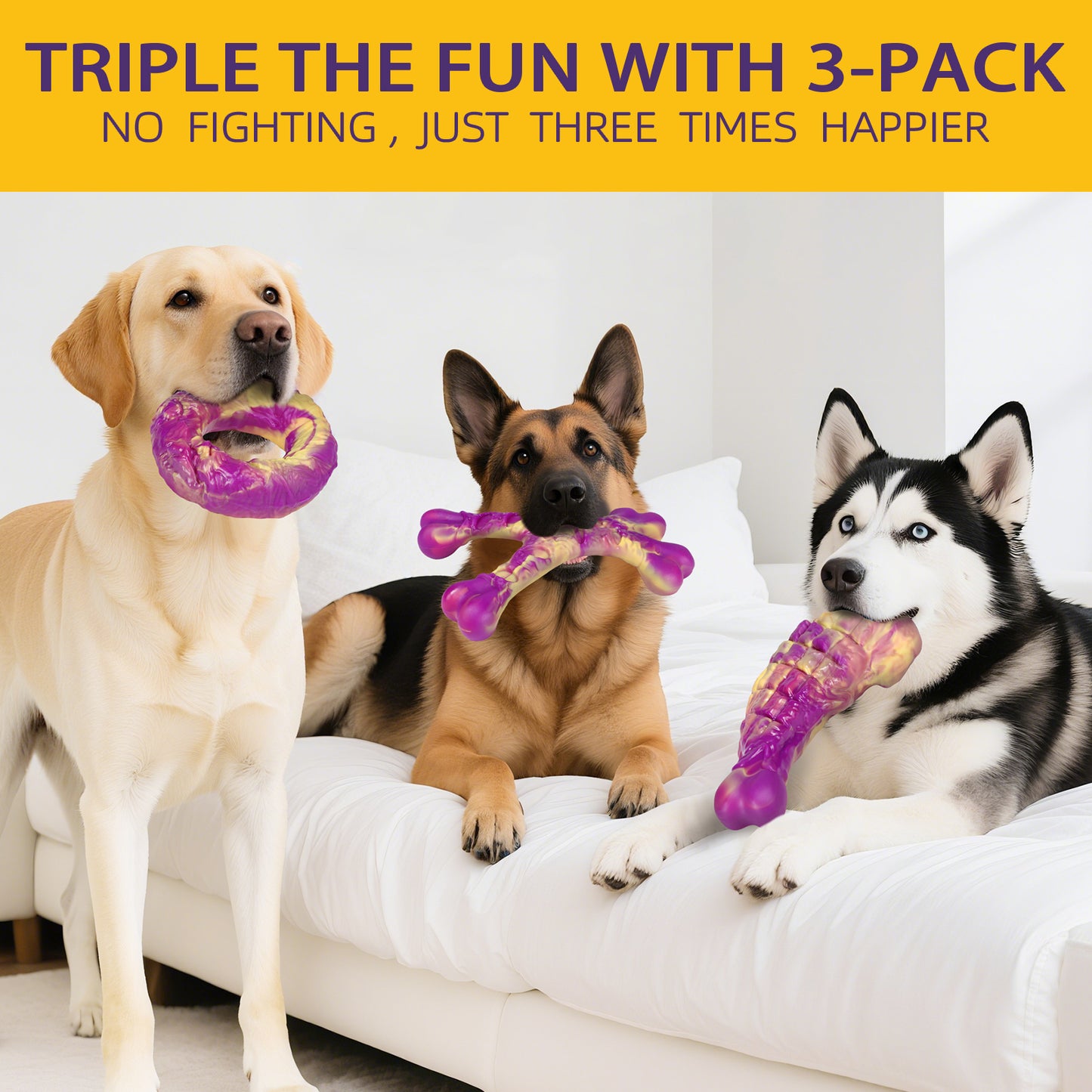Dog Toys for Aggressive Chewers - 3 Pack Bacon Flavored Indestructible Dog Toy, Big Tough Chew Bone for Medium Large Breed 25-80lbs to Keep Them Busy, Happy Dog Gift (Purple)