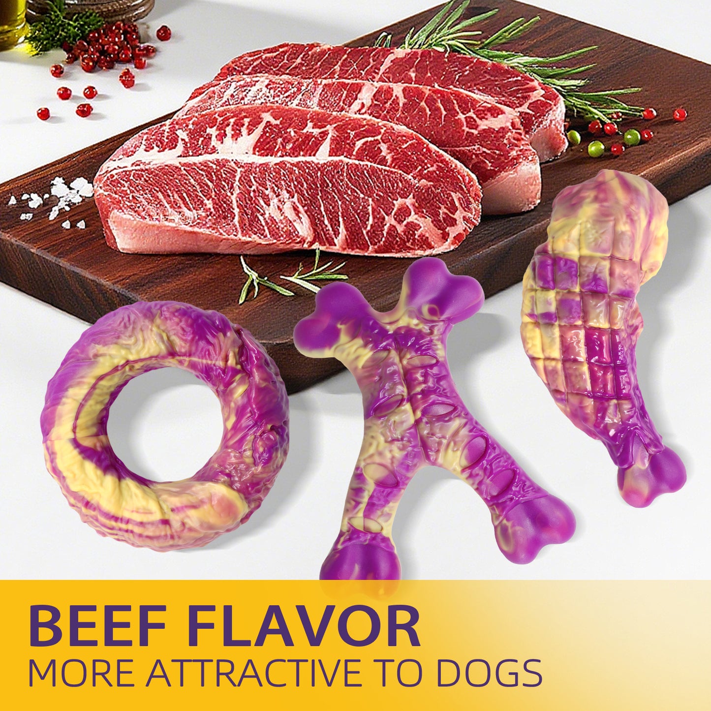 Dog Toys for Aggressive Chewers - 3 Pack Bacon Flavored Indestructible Dog Toy, Big Tough Chew Bone for Medium Large Breed 25-80lbs to Keep Them Busy, Happy Dog Gift (Purple)