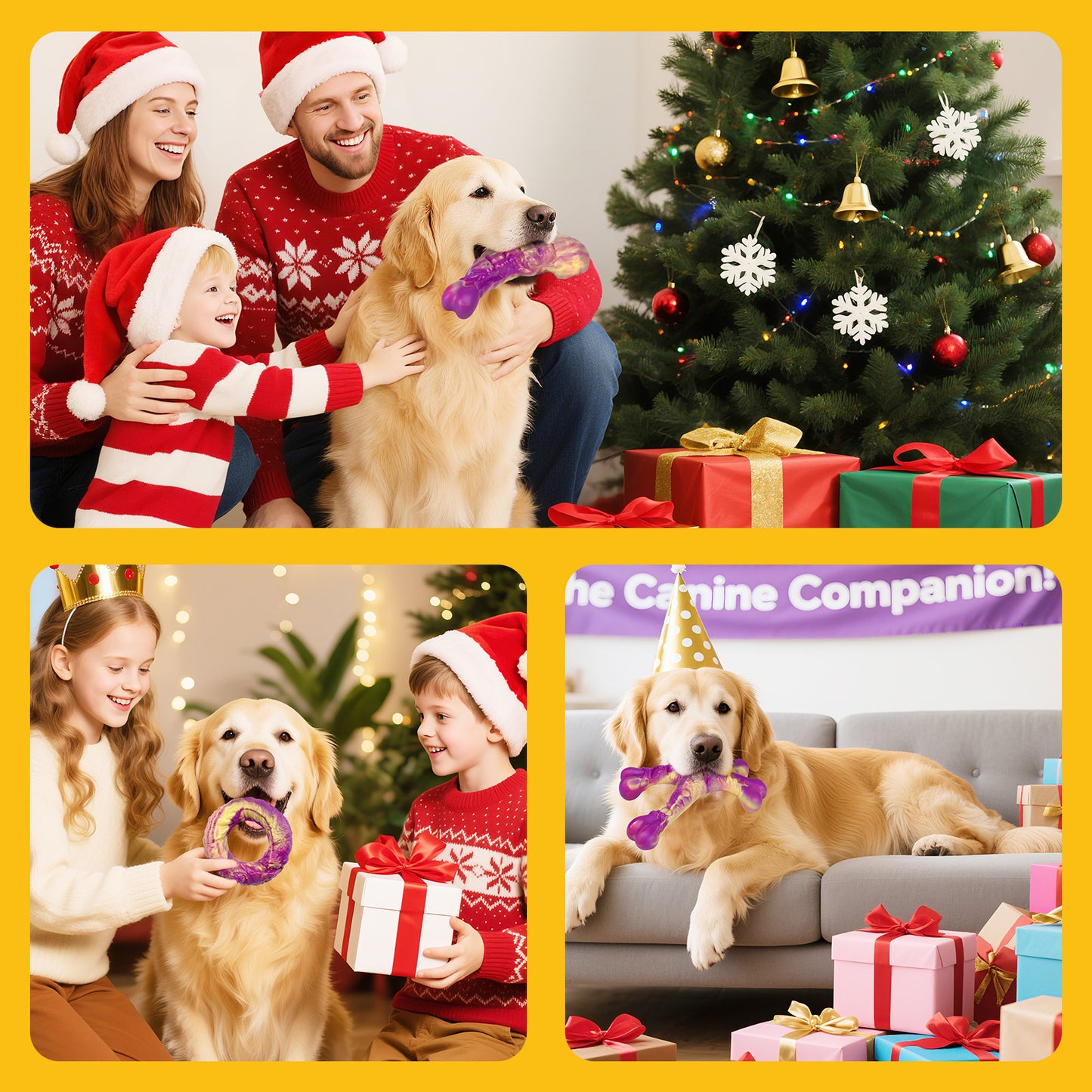 Dog Toys for Aggressive Chewers - 3 Pack Bacon Flavored Indestructible Dog Toy, Big Tough Chew Bone for Medium Large Breed 25-80lbs to Keep Them Busy, Happy Dog Gift (Purple)