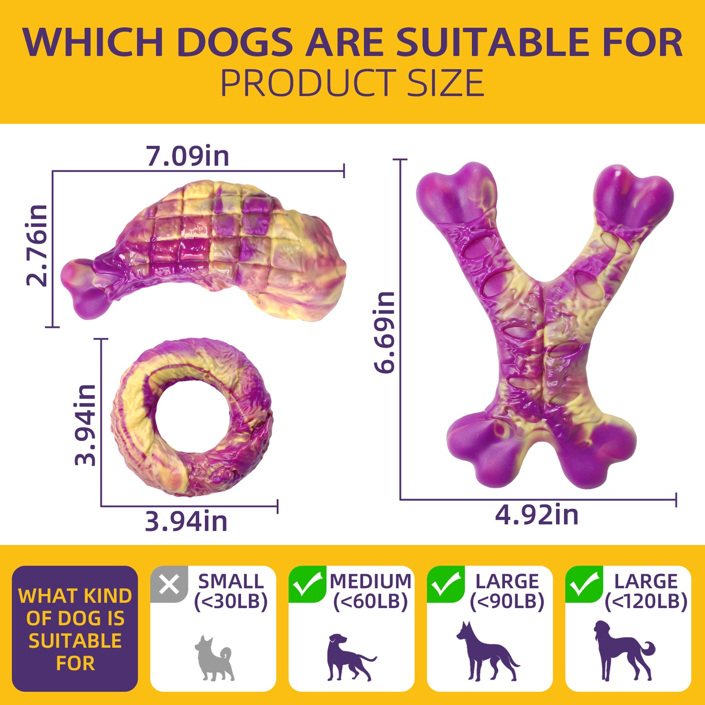 Dog Toys for Aggressive Chewers - 3 Pack Bacon Flavored Indestructible Dog Toy, Big Tough Chew Bone for Medium Large Breed 25-80lbs to Keep Them Busy, Happy Dog Gift (Purple)