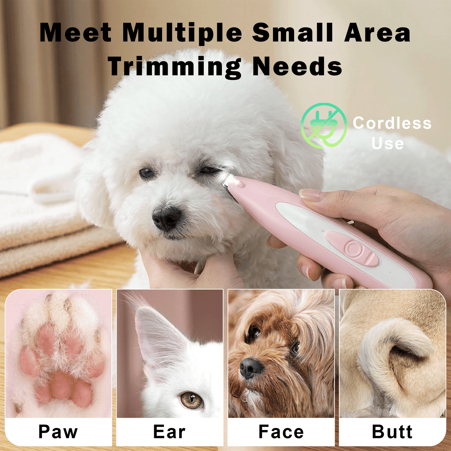 OEIKPFN Low Noise Dog Paw Trimmer with LED Light, 35dB Cordless Electric Pet Paw Grooming Clippers for Paws, Ears, Face, Rump (Pink)