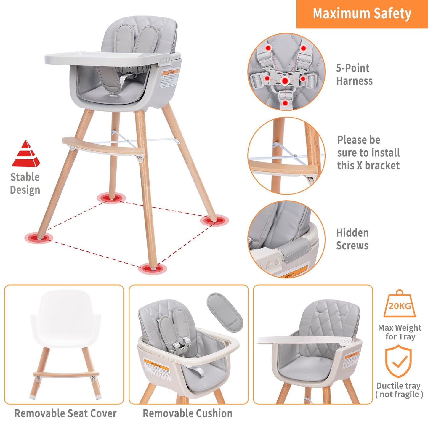 High Chair, 3-in-1 Convertible Wooden High Chair with Adjustable Legs & Removable Tray, Gray