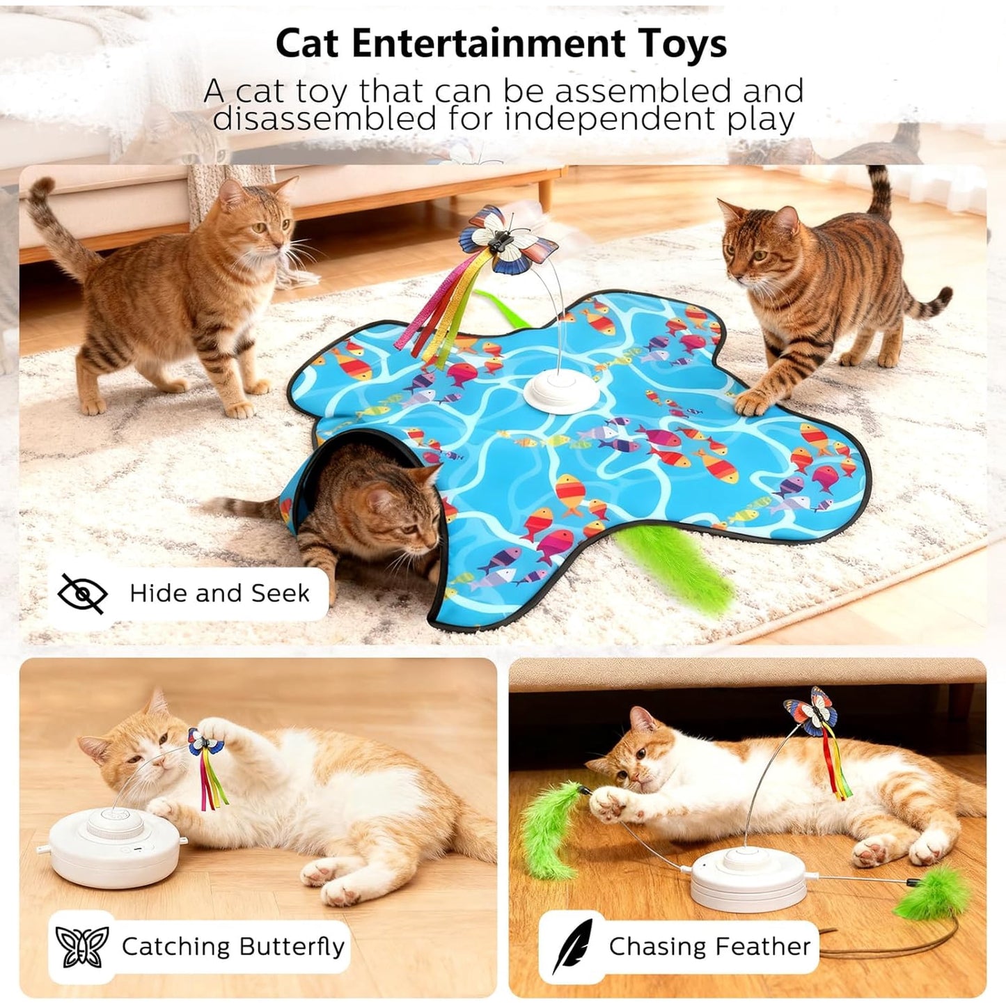 Interactive Cat Toys for Indoor Cats,[Newly Upgraded] Rechargeable Touch Activated Hide and Seek Kitten Toys for Bored Indoor Adult Cats with Fluttering