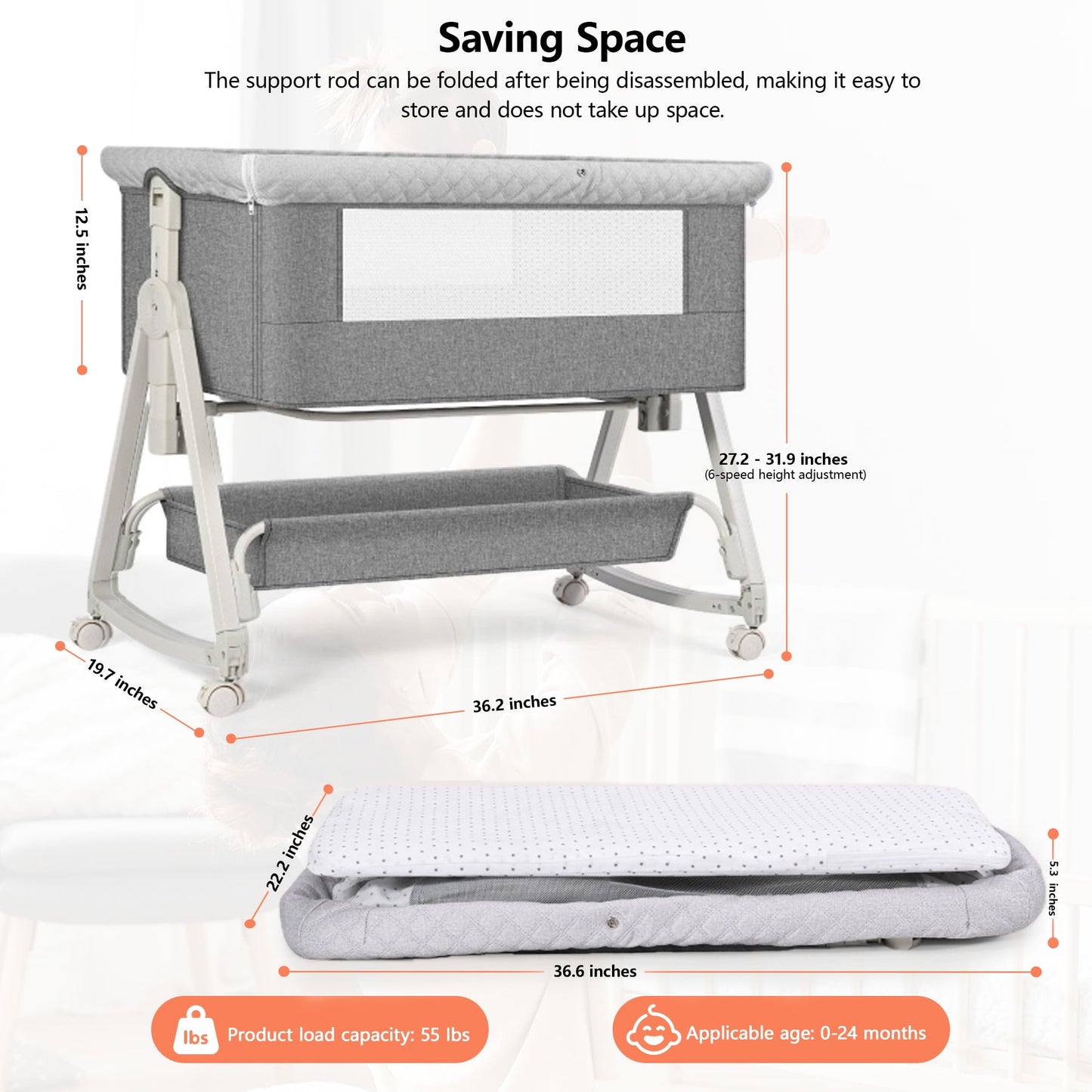 OEIKPFN Baby Bassinet, 4 in 1 Bedside Sleeper with Storage Basket, Easy to Fold Bedside Crib, 0-18 Month, Gray