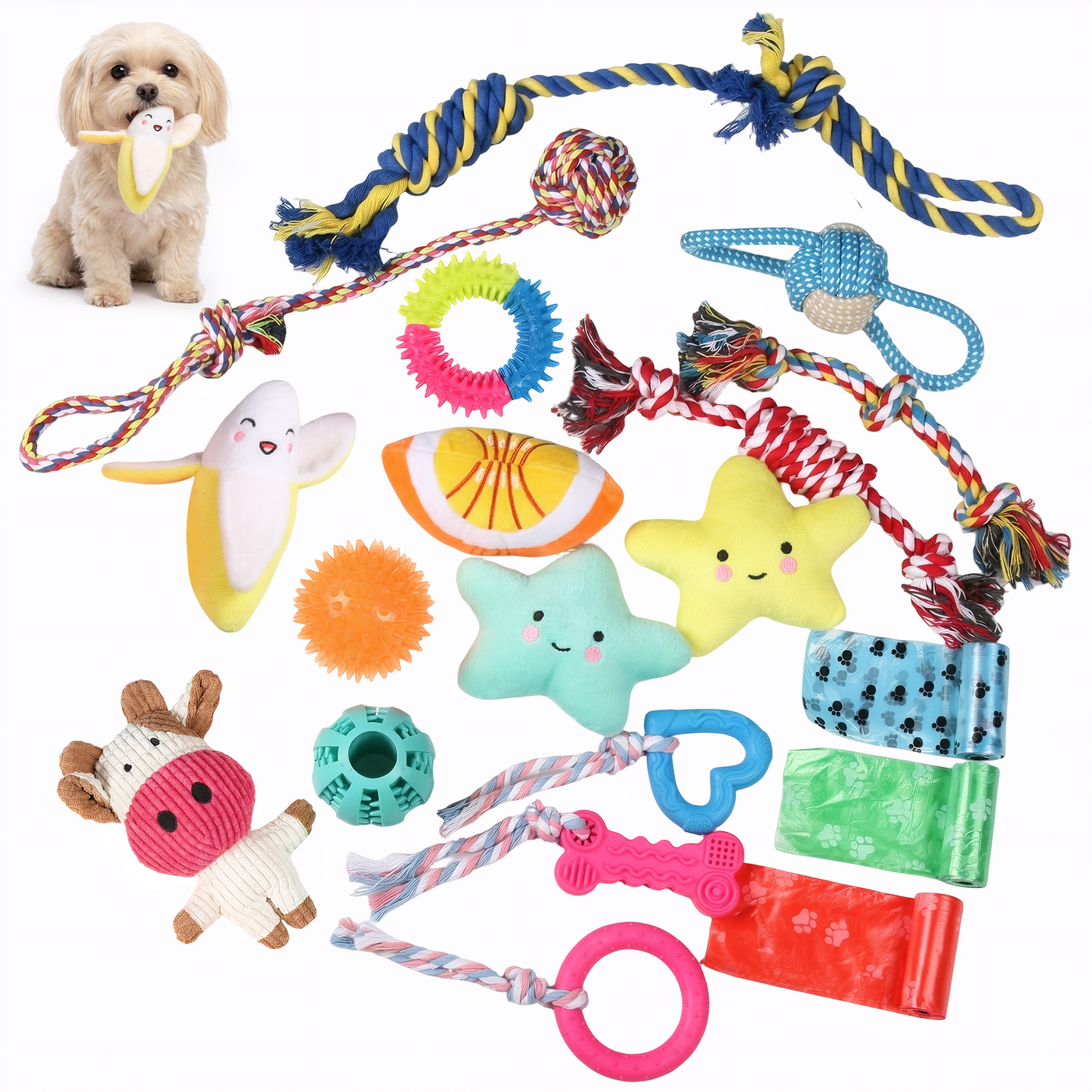 19Packs Dog Chew Toys for Teething, OEIKPFN Plush and Squeaky Toys with Rope Toy, Treat Balls for Small Medium Dogs