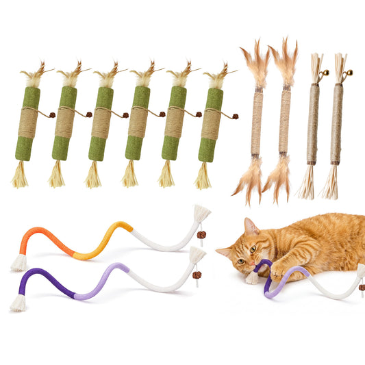 OEIKPFN Cat Chew Toys, 12PCS Chew Rope & Silvervine Sticks for Bored Indoor Adult Cats, Interactive Catnip Toys for Cats for Teeth Cleaning