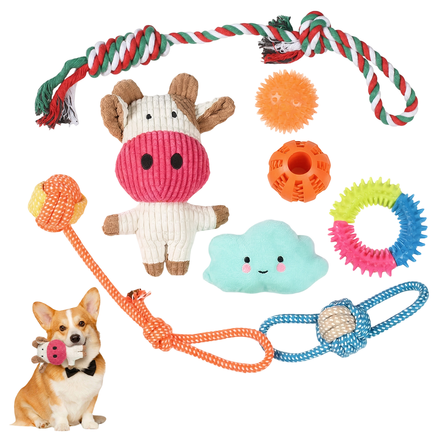 8Pcs Puppy Chew Toys for Teething, OEIKPFN Plush and Squeaky Toys with Rope Toys,  Pet Toothbrush, and Treat Balls