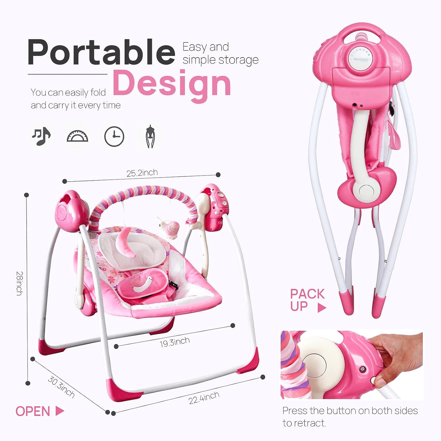 OEIKPFN Baby Swing, Foldable Baby Swing for Infants with Adaptable Speeds, Music, 0-9 Months, Pink