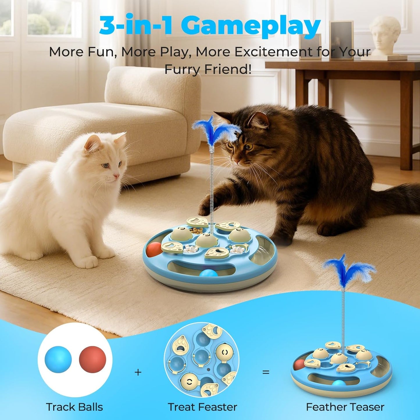 Cat Puzzle Toys Games Level 3 in 1 with Track Balls, Feather Teaser & Treat Feeder | Non-Slip Base | Mental Stimulation Enrichment for Indoor Cats | Kitty Gift, Blue