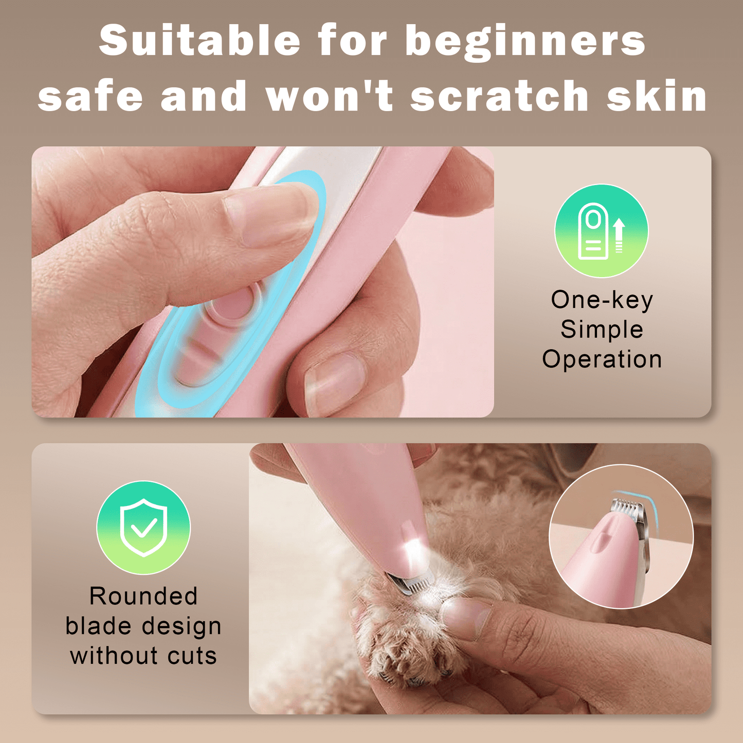 OEIKPFN Low Noise Dog Paw Trimmer with LED Light, 35dB Cordless Electric Pet Paw Grooming Clippers for Paws, Ears, Face, Rump (Pink)