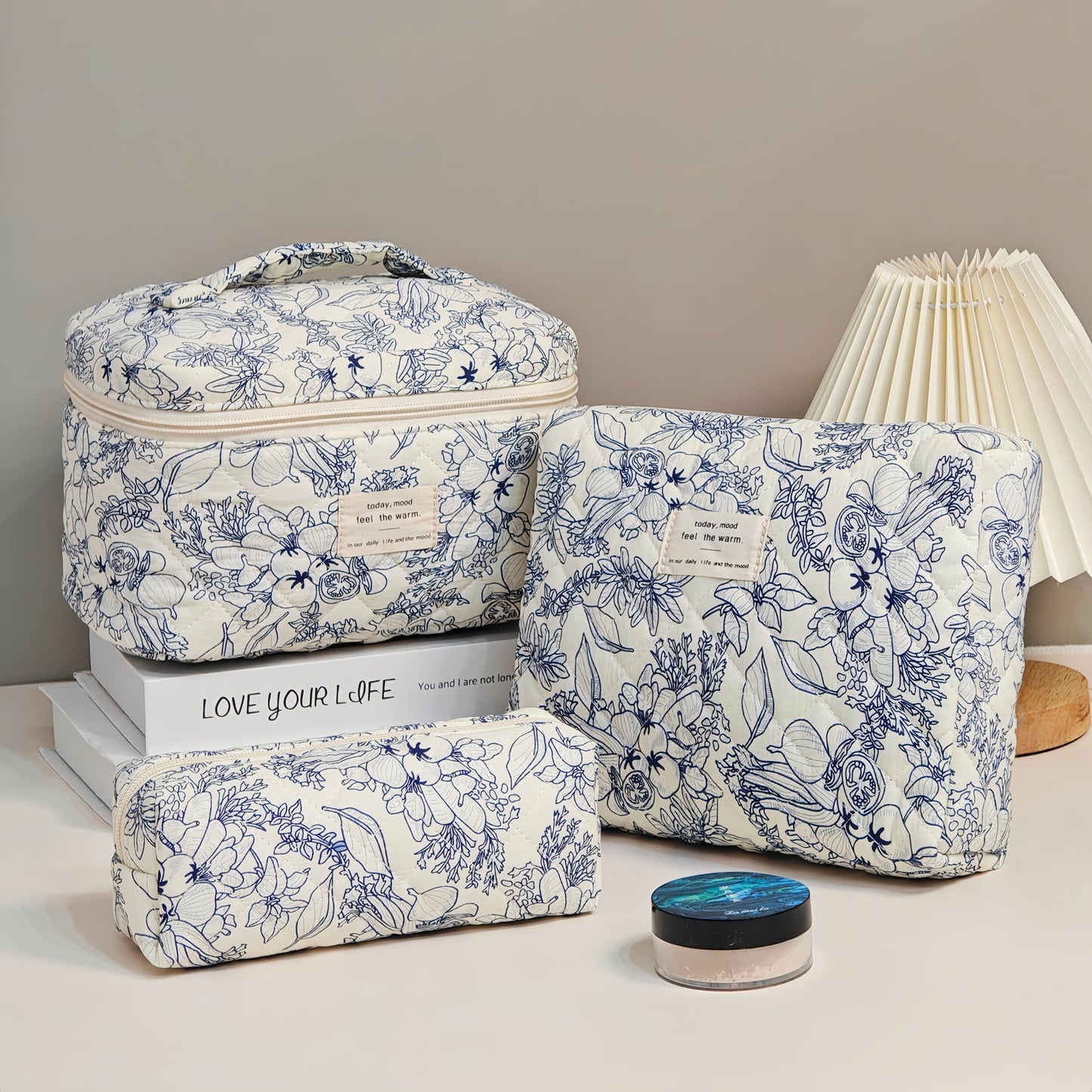 3PCS Large Travel Quilted Makeup Bag for Women, Floral Cotton Cosmetic Bag, Coquette Aesthetic Floral Toiletry Organizer Bag, Black Flower