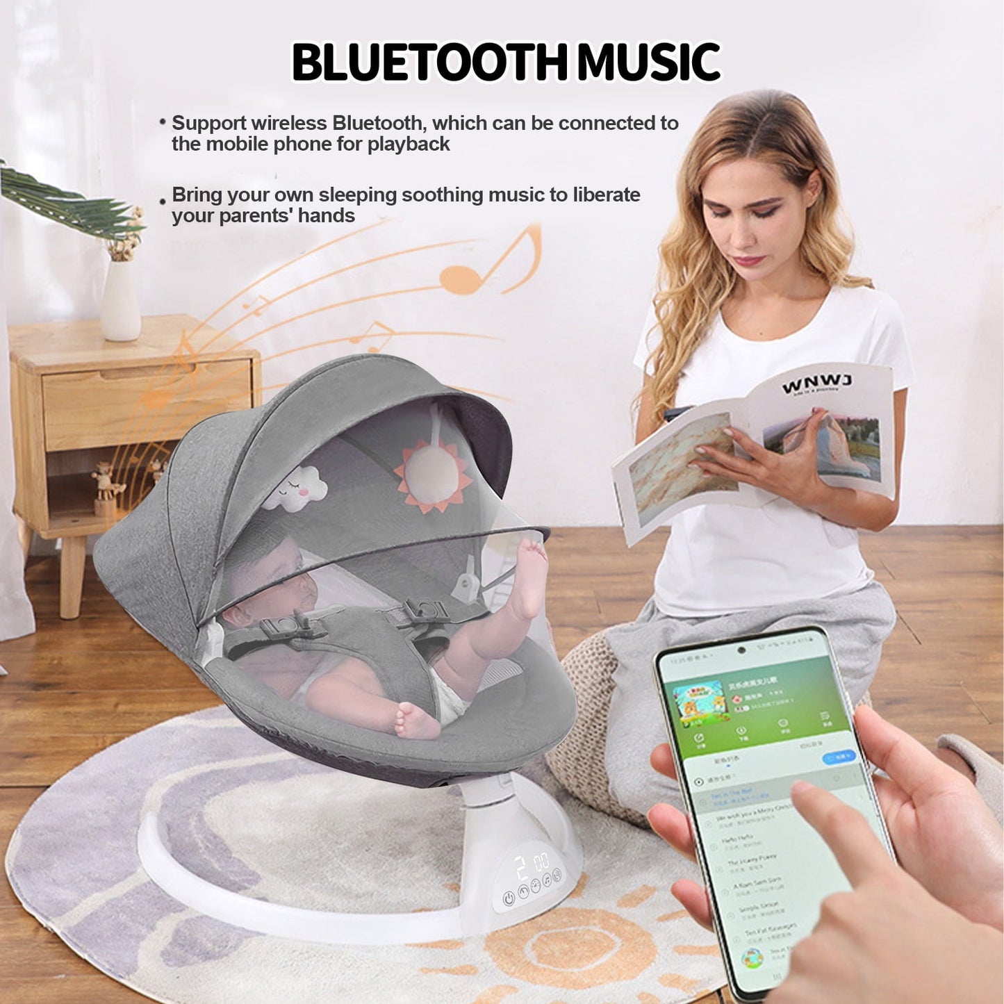 Baby Swing for Infants, Bluetooth Swing Electirc Baby Rocker Bouncer, Intelligent Auto Swing with 5 Speed, Gray