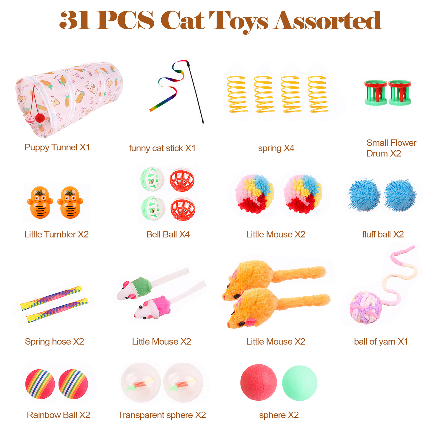 OEIKPFN 31Pcs Cat Toys Kitten Toys, Interactive Kitty Toys with Collapsible Cat Tunnels Tent, Cat Wand Catnip Feather Teaser