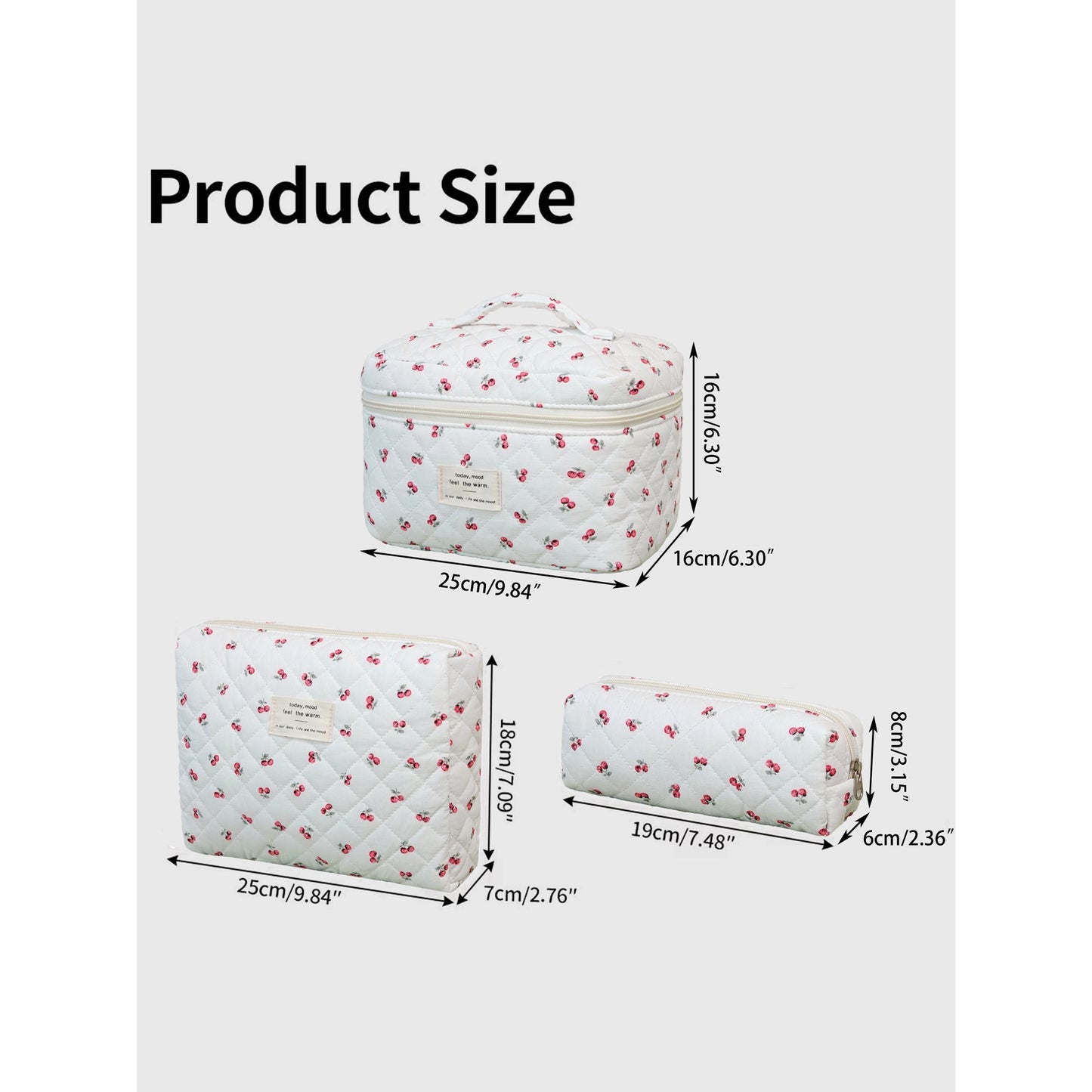 3PCS Large Travel Quilted Makeup Bag for Women, Floral Cotton Cosmetic Bag, Coquette Aesthetic Floral Toiletry Organizer Bag, cherries