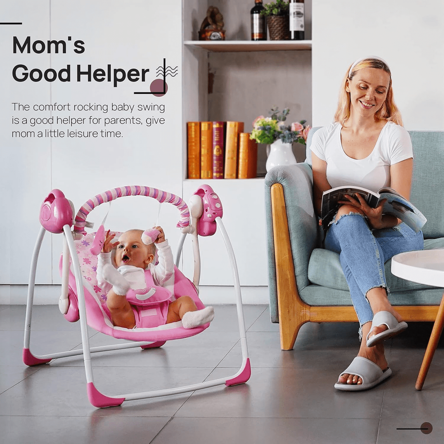 OEIKPFN Baby Swing, Foldable Baby Swing for Infants with Adaptable Speeds, Music, 0-9 Months, Pink