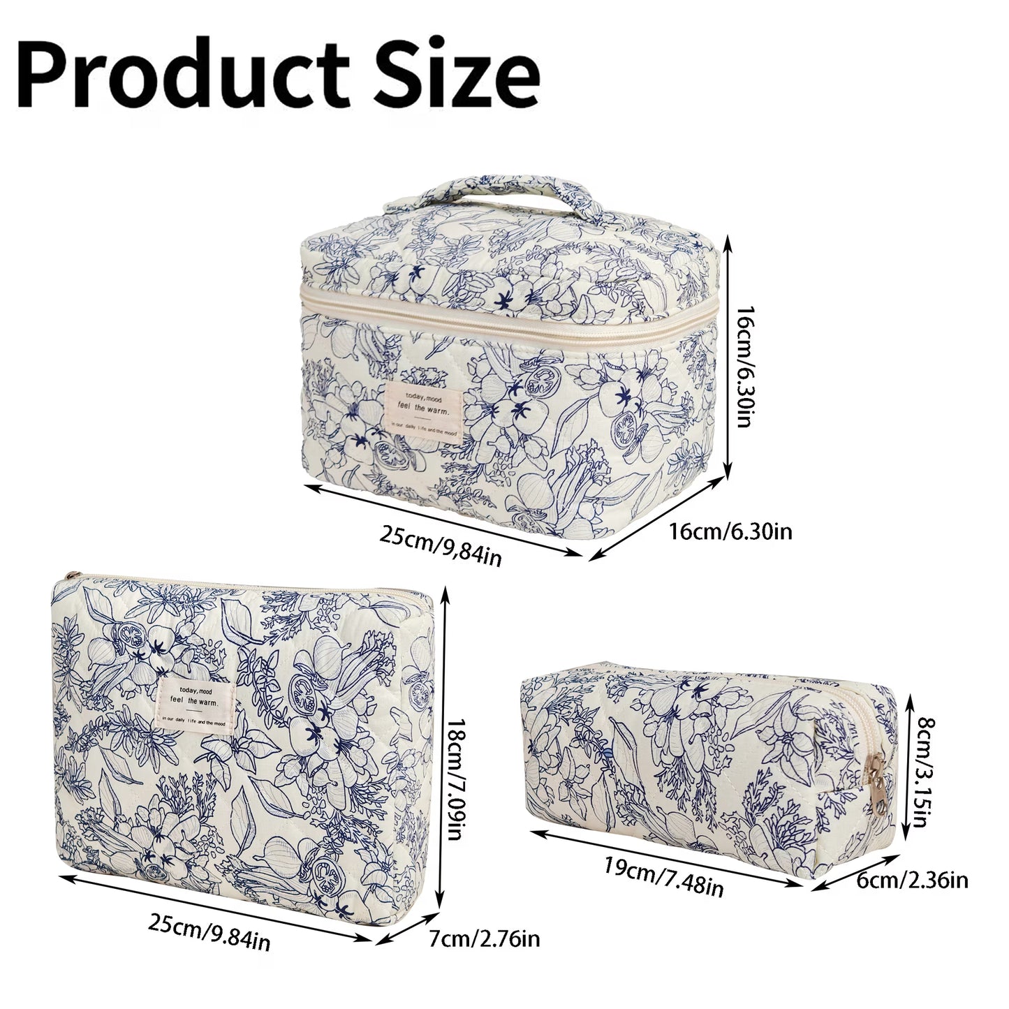 3PCS Large Travel Quilted Makeup Bag for Women, Floral Cotton Cosmetic Bag, Coquette Aesthetic Floral Toiletry Organizer Bag, Black Flower