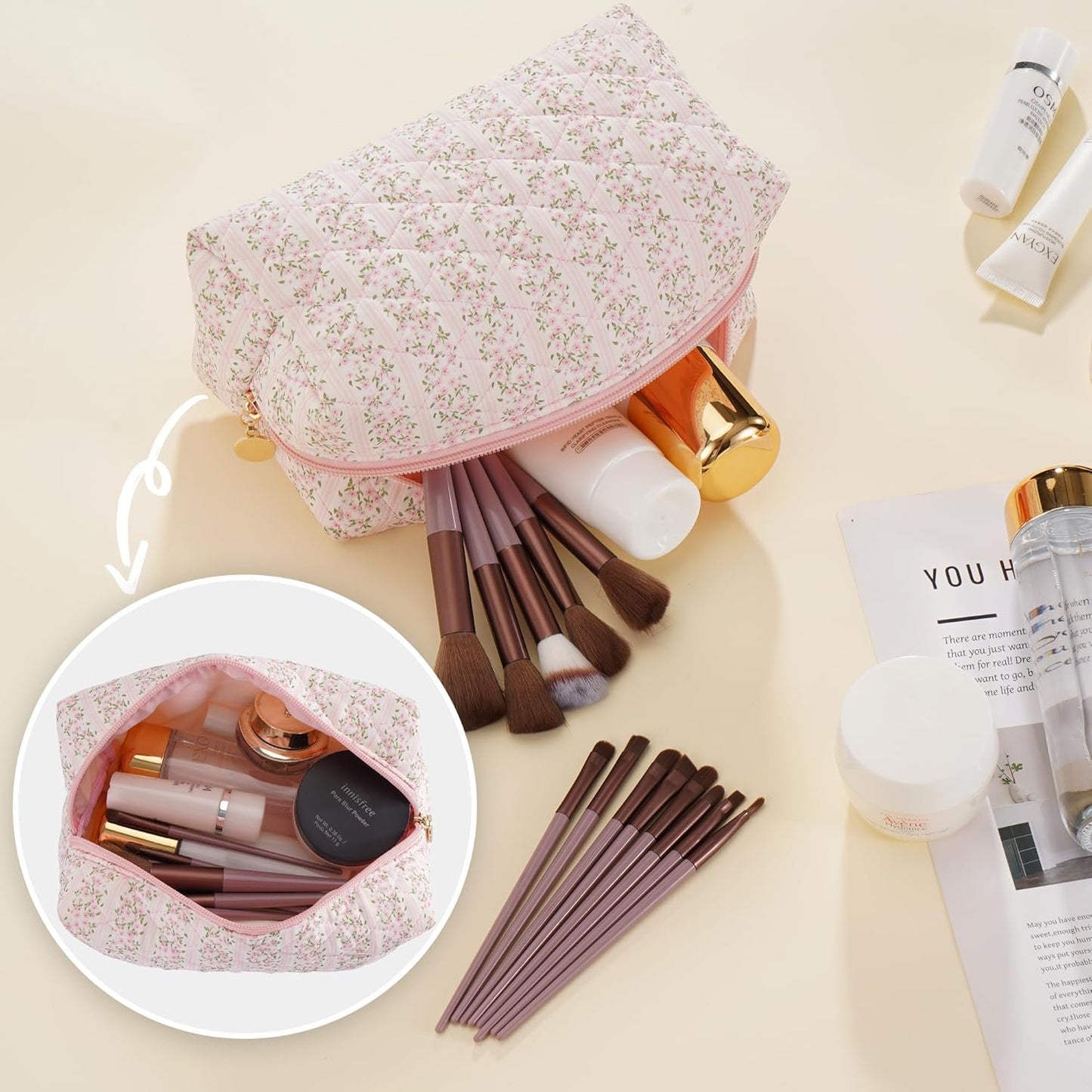 Makeup Bag Travel Cosmetic Bag for Women Girls, Zipper Make Up Pouch, Floral Flowers Toiletry Organizer Makeup, Portable Storage Cosmetic Travel Cloth Bag (Pink)