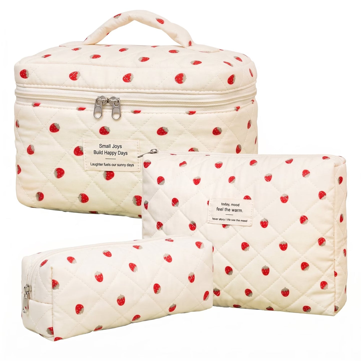 3PCS Large Travel Quilted Makeup Bag for Women, Floral Cotton Cosmetic Bag, Coquette Aesthetic Floral Toiletry Organizer Bag, Big Strawberry