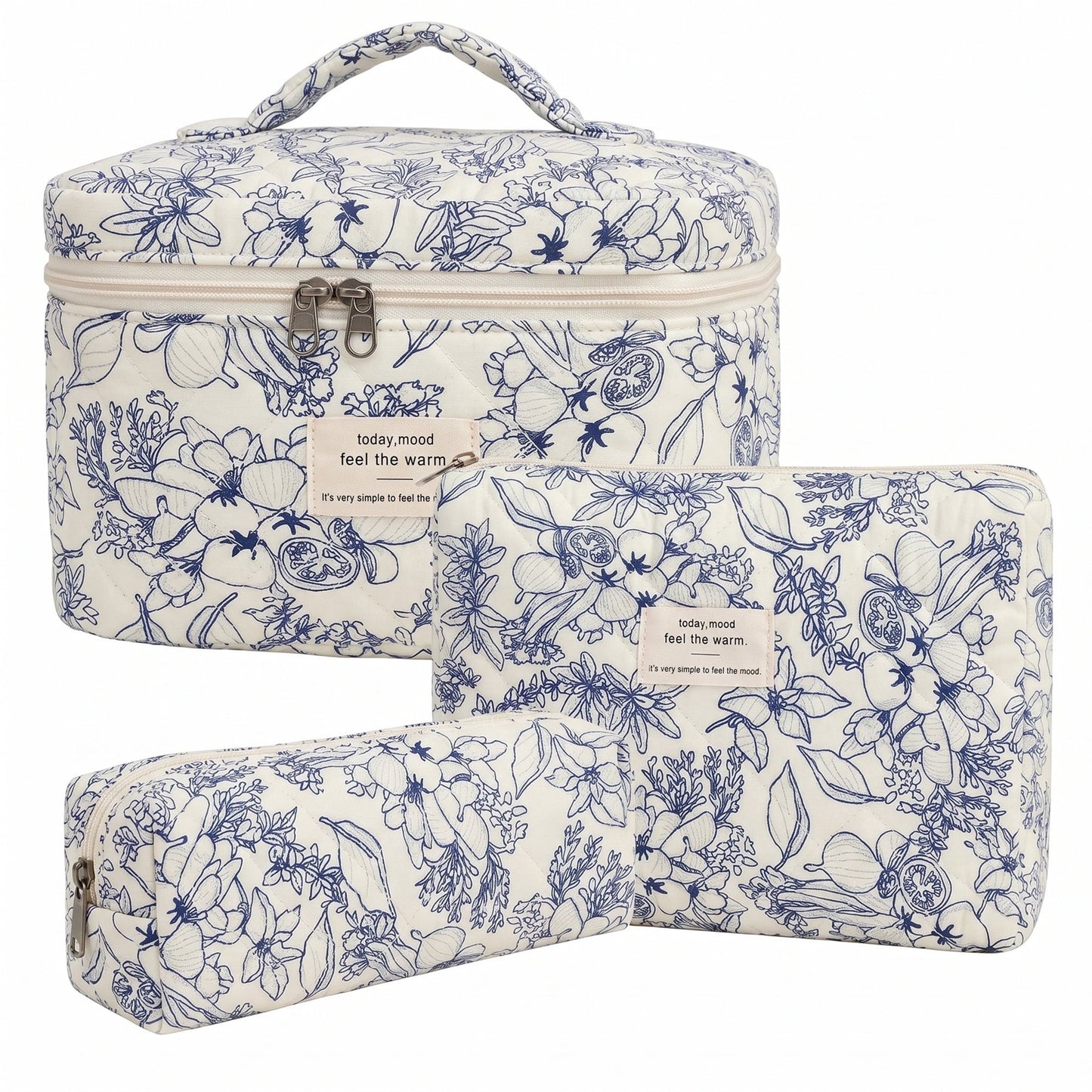 3PCS Large Travel Quilted Makeup Bag for Women, Floral Cotton Cosmetic Bag, Coquette Aesthetic Floral Toiletry Organizer Bag, Black Flower