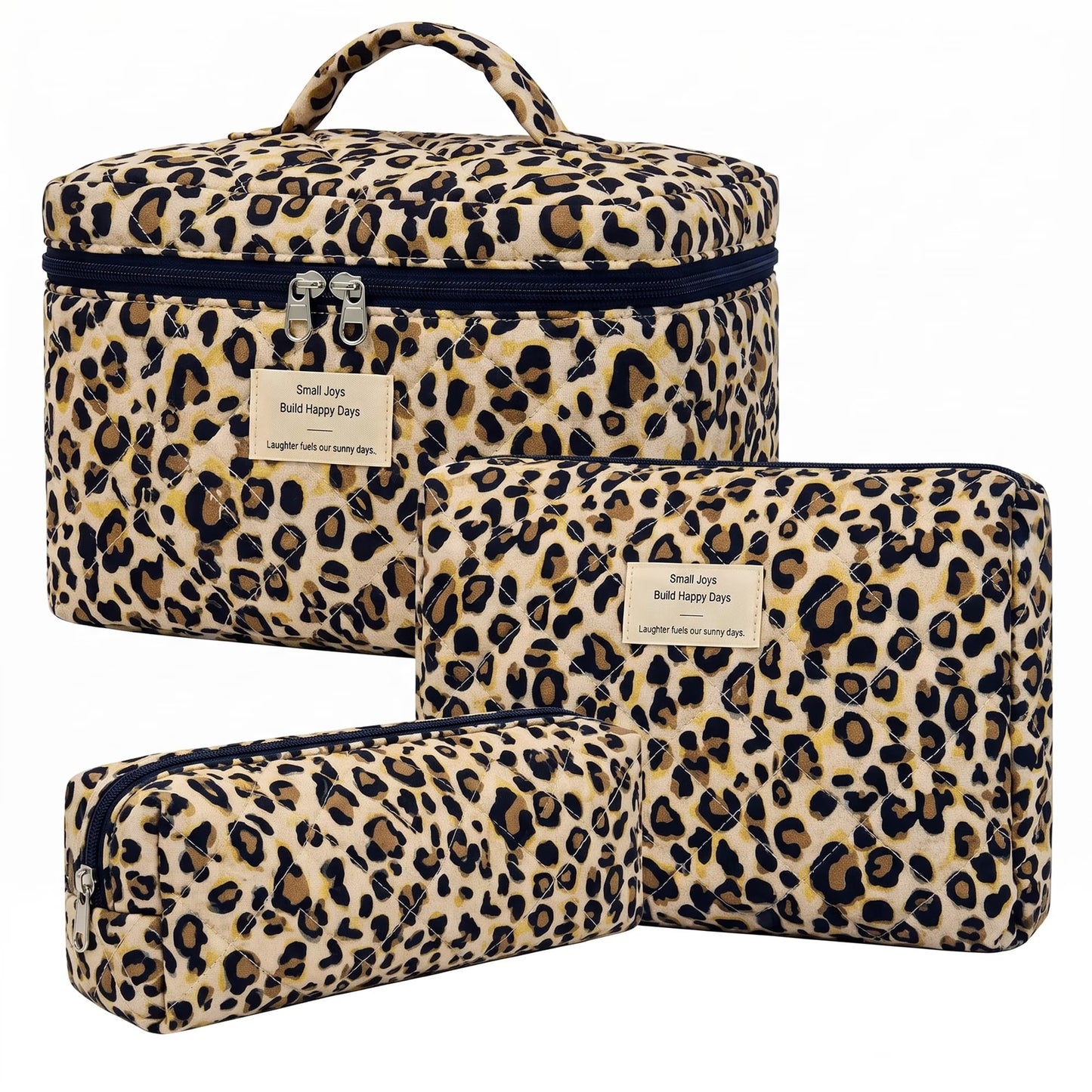 3PCS Large Travel Quilted Makeup Bag for Women, Floral Cotton Cosmetic Bag, Coquette Aesthetic Floral Toiletry Organizer Bag, Classic leopard print