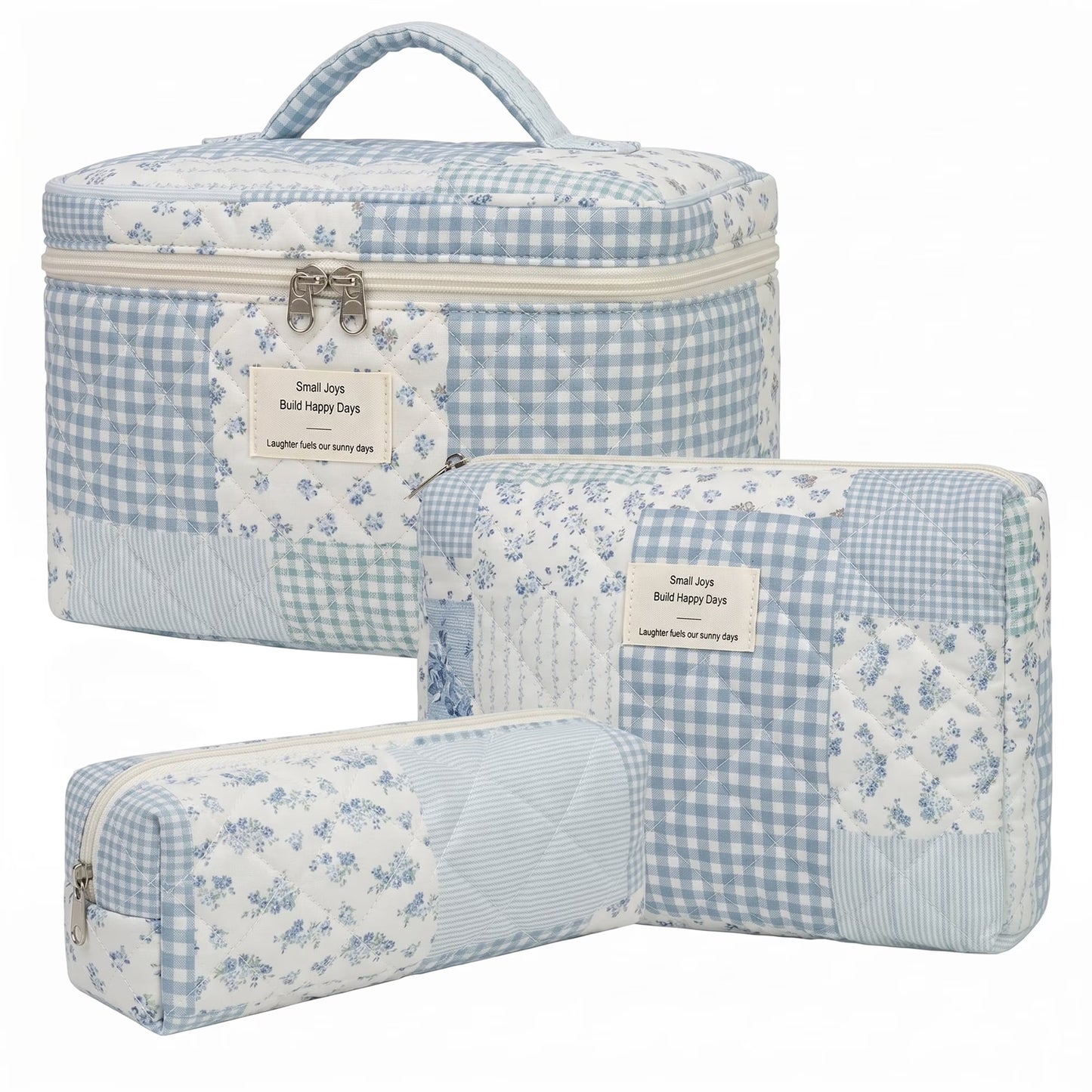 3PCS Large Travel Quilted Makeup Bag for Women, Floral Cotton Cosmetic Bag, Coquette Aesthetic Floral Toiletry Organizer Bag, Light blue patchwork