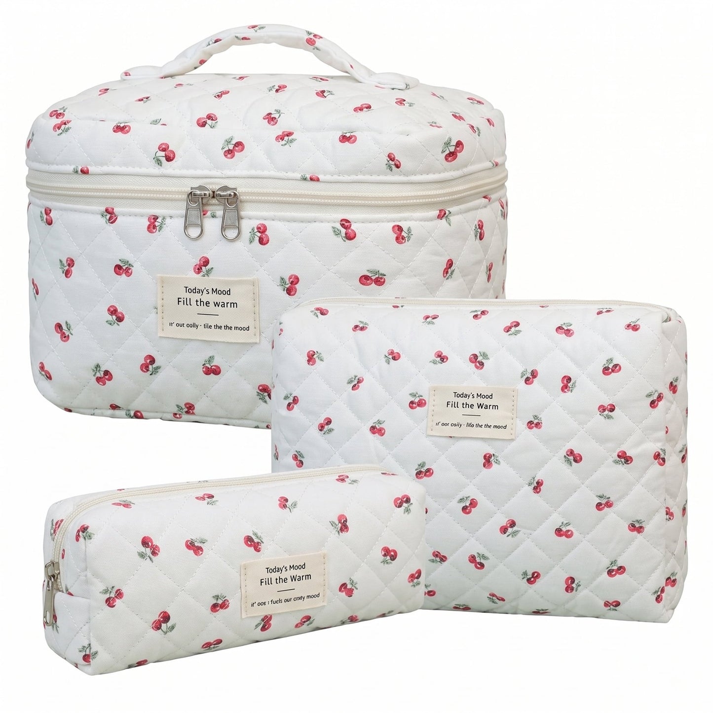 3PCS Large Travel Quilted Makeup Bag for Women, Floral Cotton Cosmetic Bag, Coquette Aesthetic Floral Toiletry Organizer Bag, cherries