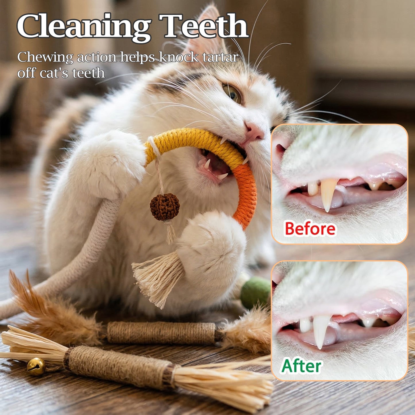 OEIKPFN Cat Chew Toys, 12PCS Chew Rope & Silvervine Sticks for Bored Indoor Adult Cats, Interactive Catnip Toys for Cats for Teeth Cleaning