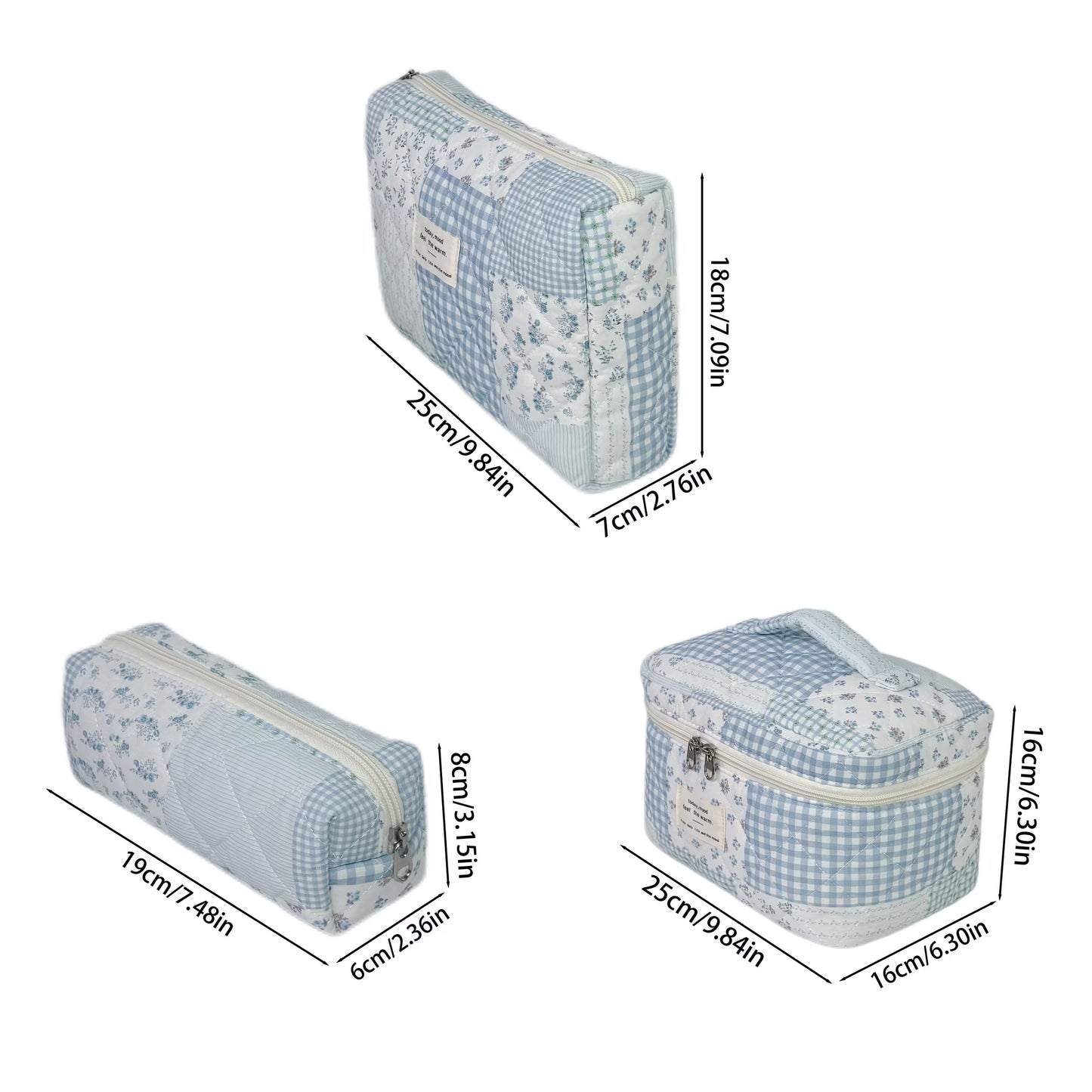 3PCS Large Travel Quilted Makeup Bag for Women, Floral Cotton Cosmetic Bag, Coquette Aesthetic Floral Toiletry Organizer Bag, Light blue patchwork