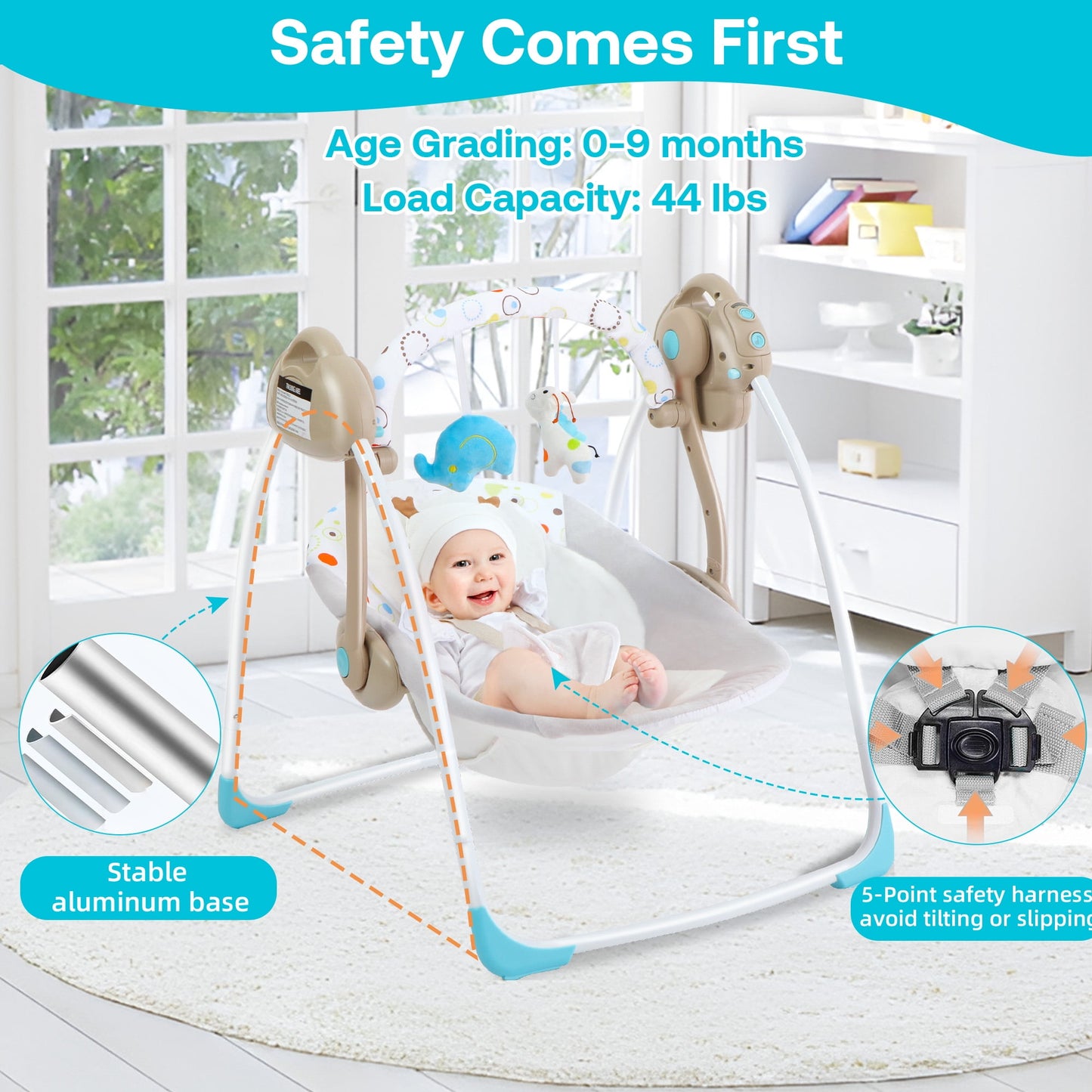 Yadala Baby Swing, Foldable Baby Swing for Infants with Adaptable Speeds, Music, 0-9 Months, Khaki