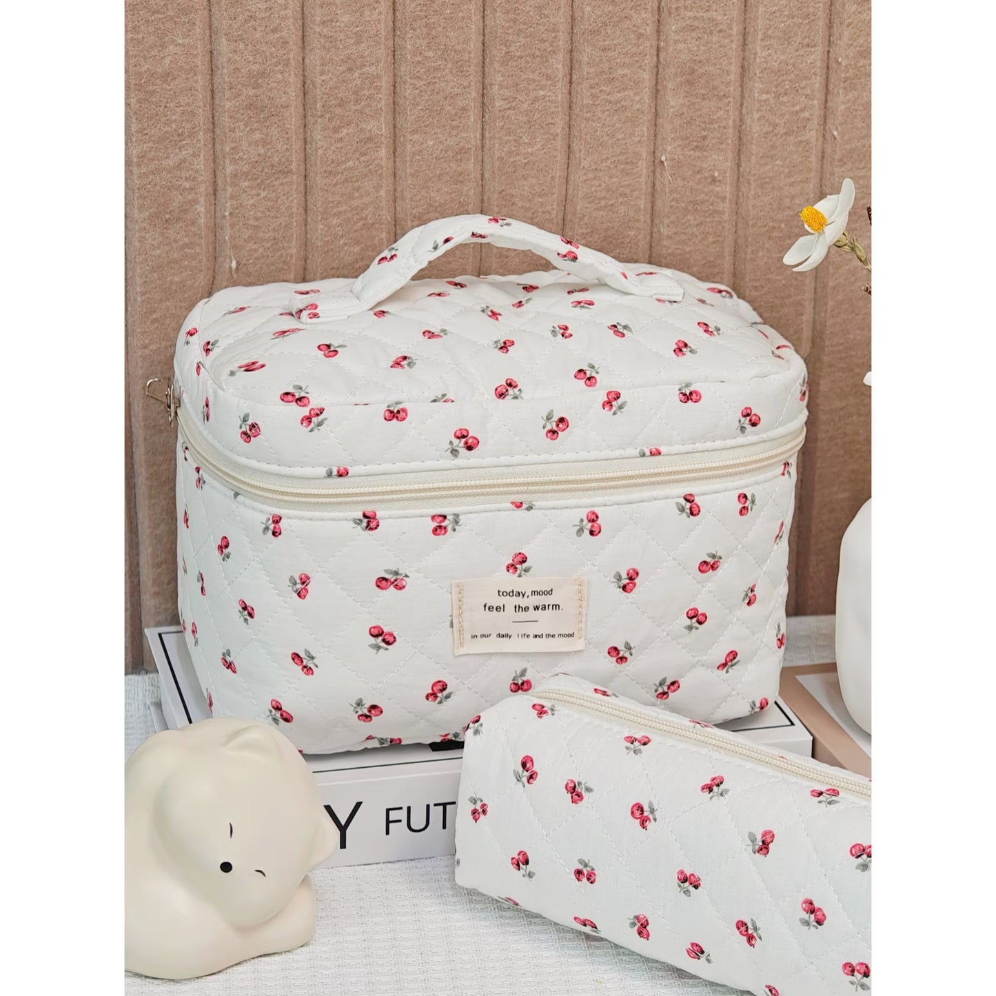 3PCS Large Travel Quilted Makeup Bag for Women, Floral Cotton Cosmetic Bag, Coquette Aesthetic Floral Toiletry Organizer Bag, cherries