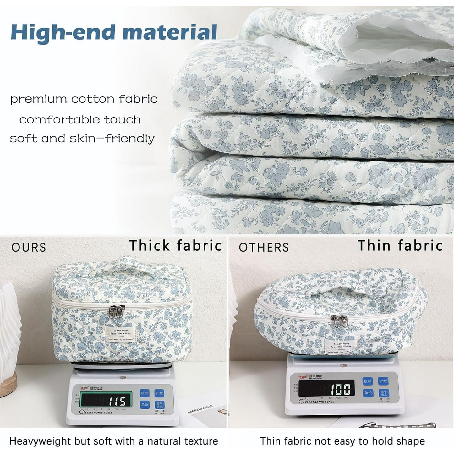 3PCS Large Travel Quilted Makeup Bag for Women, Floral Cotton Cosmetic Bag, Coquette Aesthetic Floral Toiletry Organizer Bag