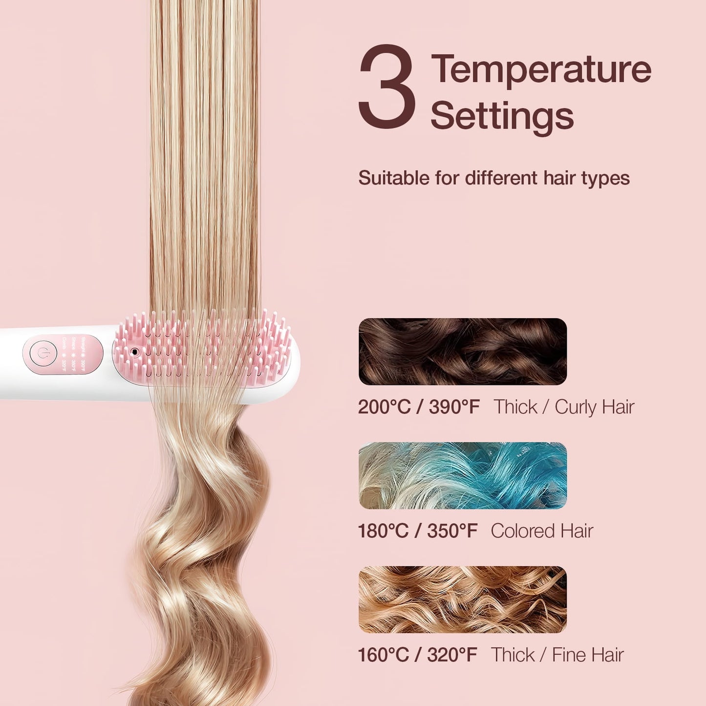 Cordless Hair Straightener Brush, OEIKPFN Portable Ionic Hot Straightening Comb for Travel, Pink