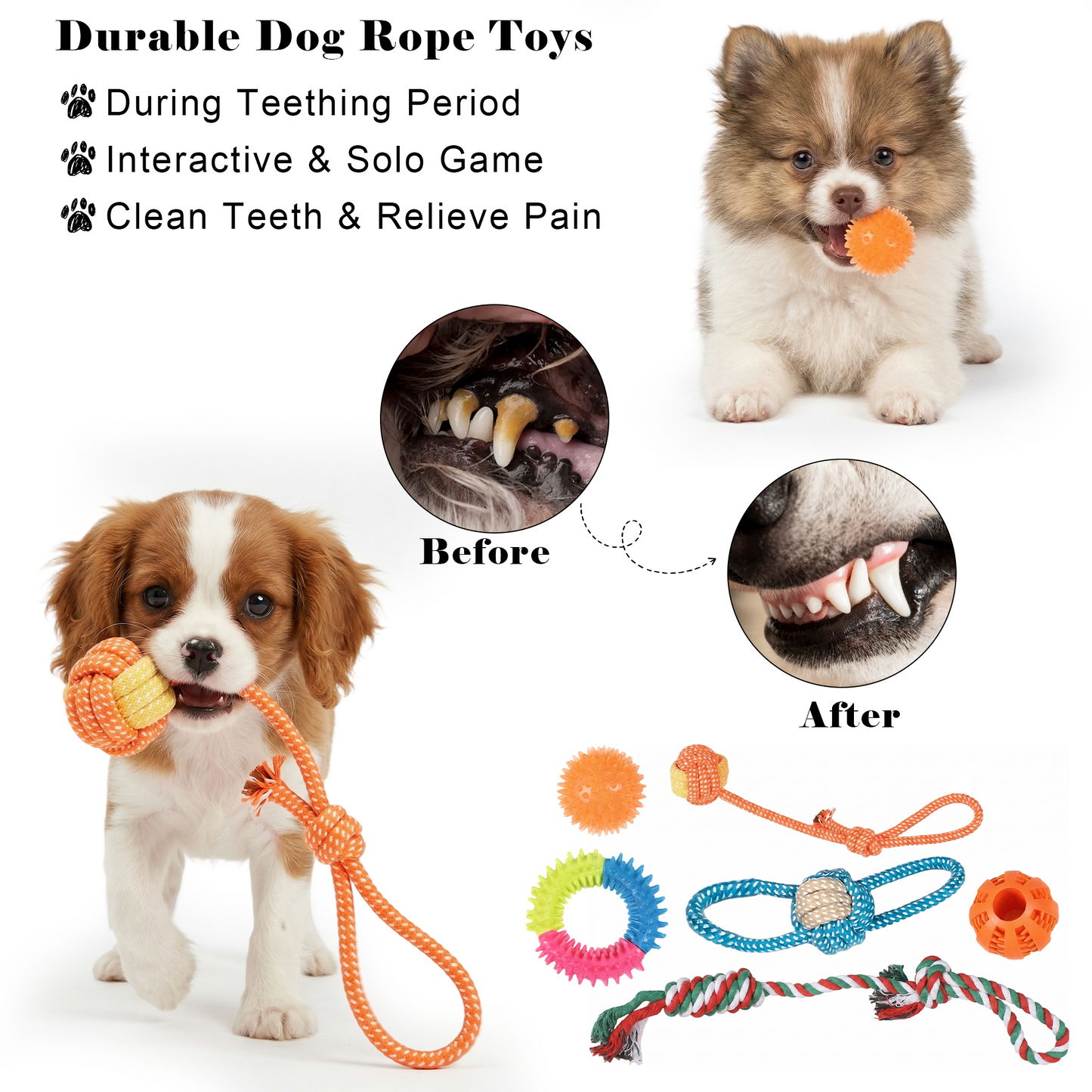 8Pcs Puppy Chew Toys for Teething, OEIKPFN Plush and Squeaky Toys with Rope Toys,  Pet Toothbrush, and Treat Balls