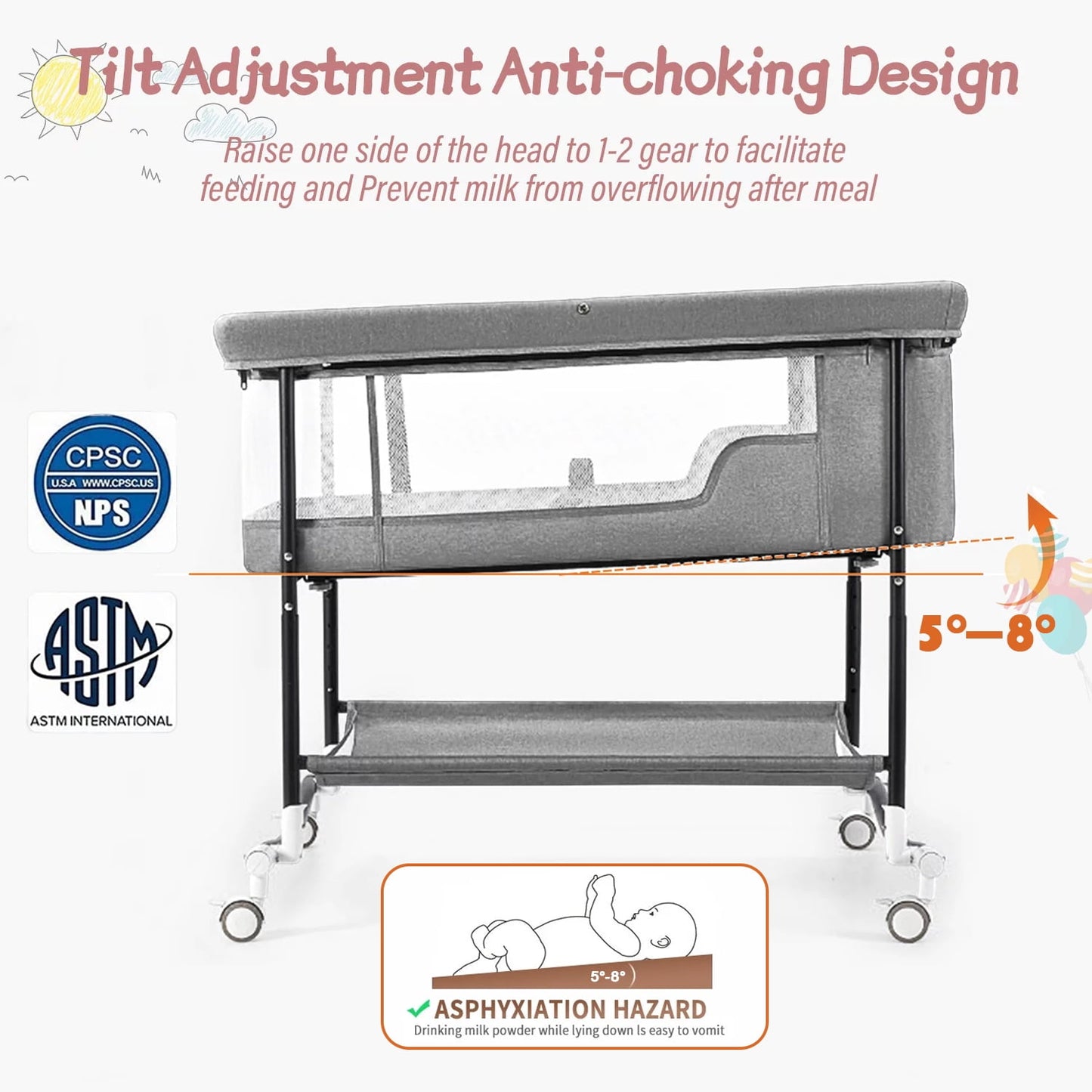 Bedside Bassinet, 4 in 1 Portable Rocking Bassinet for Baby Newborn with Mattress & Diaper Pad, Grey