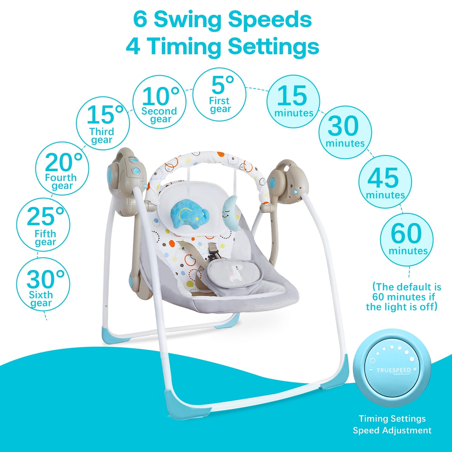 Yadala Baby Swing, Foldable Baby Swing for Infants with Adaptable Speeds, Music, 0-9 Months, Khaki