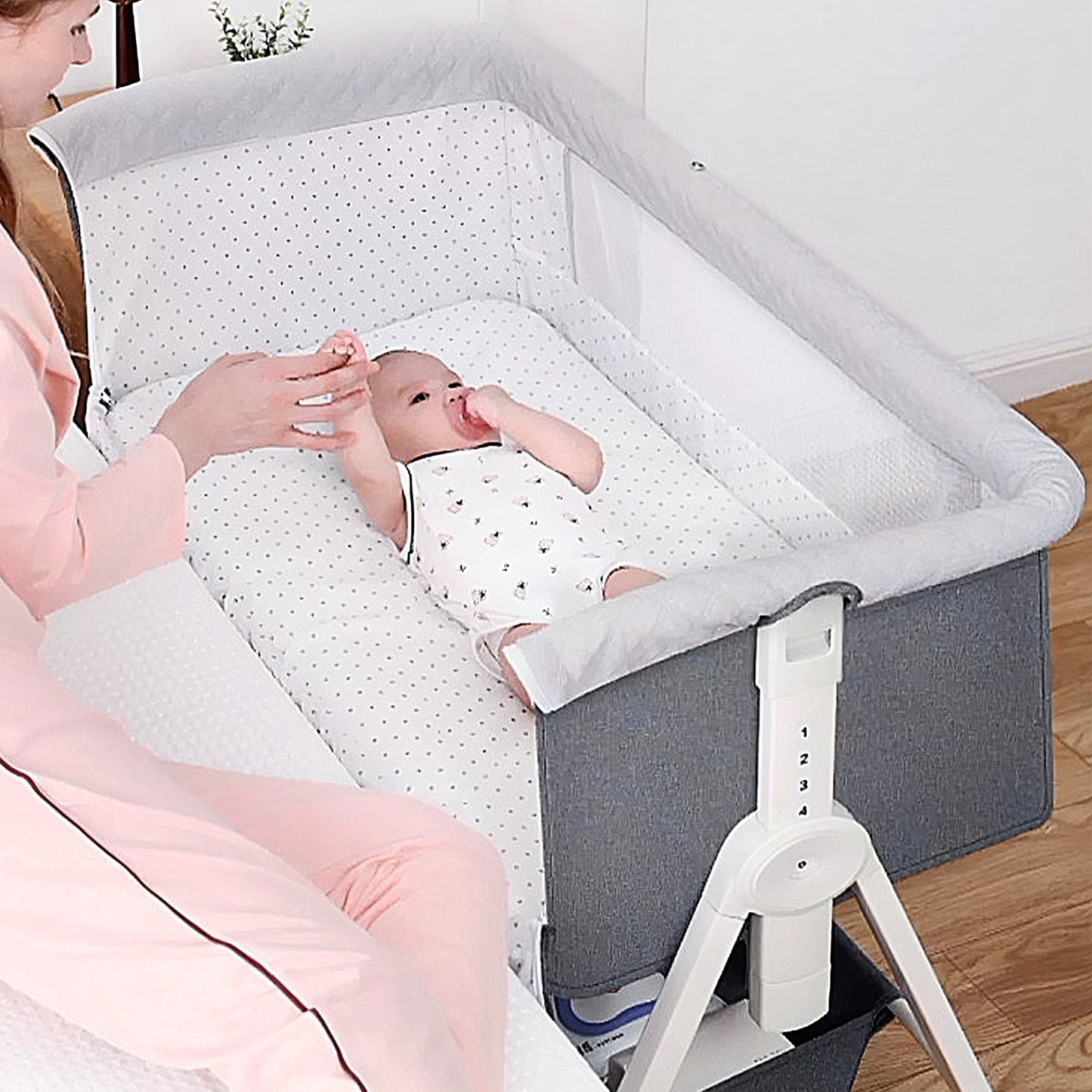 OEIKPFN Baby Bassinet, 4 in 1 Bedside Sleeper with Storage Basket, Easy to Fold Bedside Crib, 0-18 Month, Gray