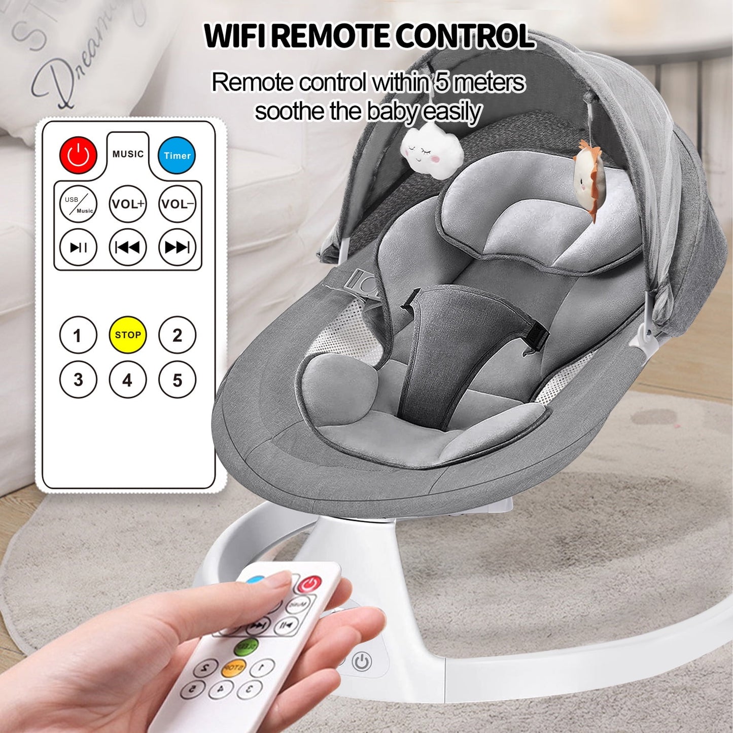 Baby Swing for Infants, Bluetooth Swing Electirc Baby Rocker Bouncer, Intelligent Auto Swing with 5 Speed, Gray